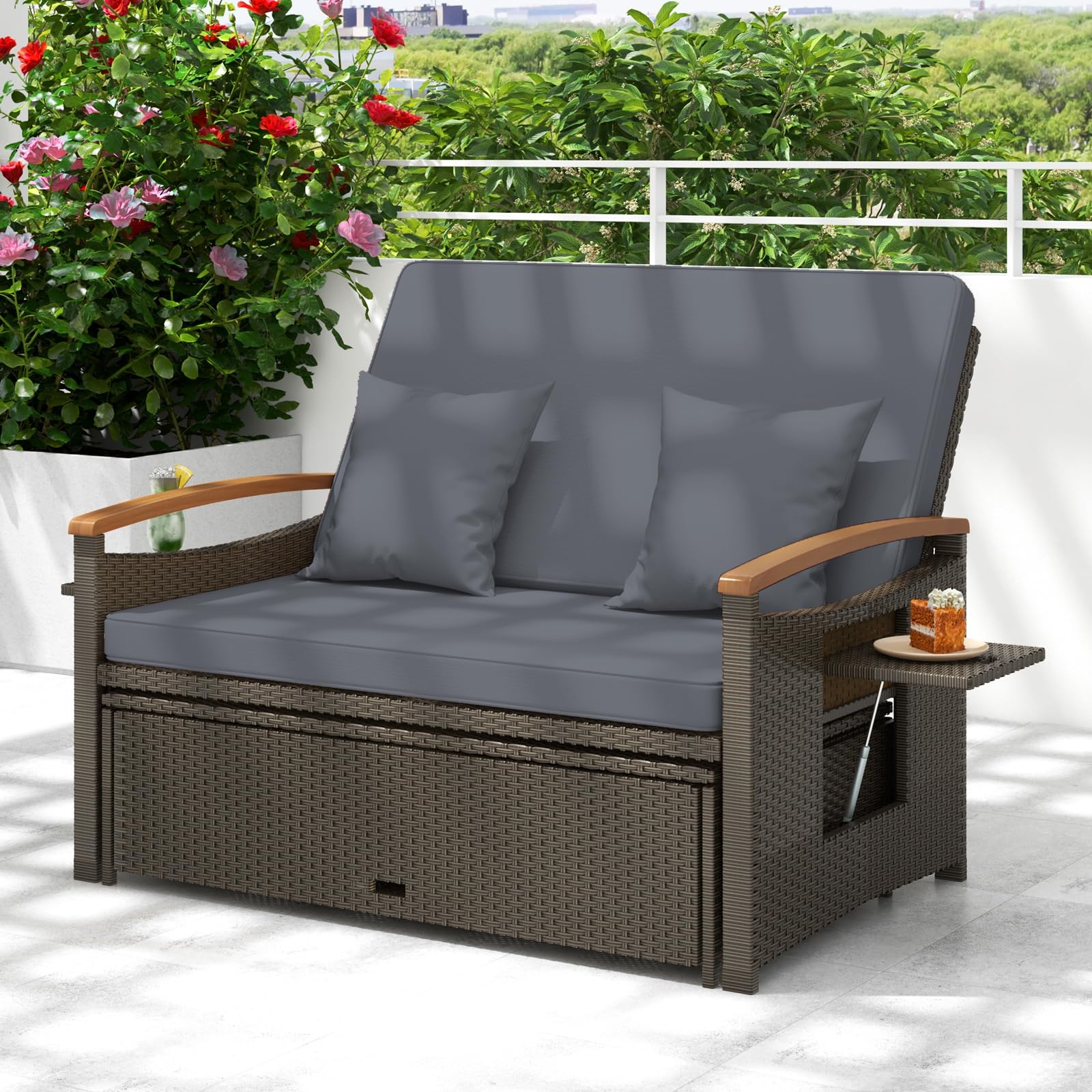 GIANTEX Divano da Giardino in Rattan a 2 Posti con Funzione Allungata, Set di Mobili in Rattan con Sgabello, Doppia Sedia a Sdraio per 2 Persone, 3 Colori (Cuscino Grigio)