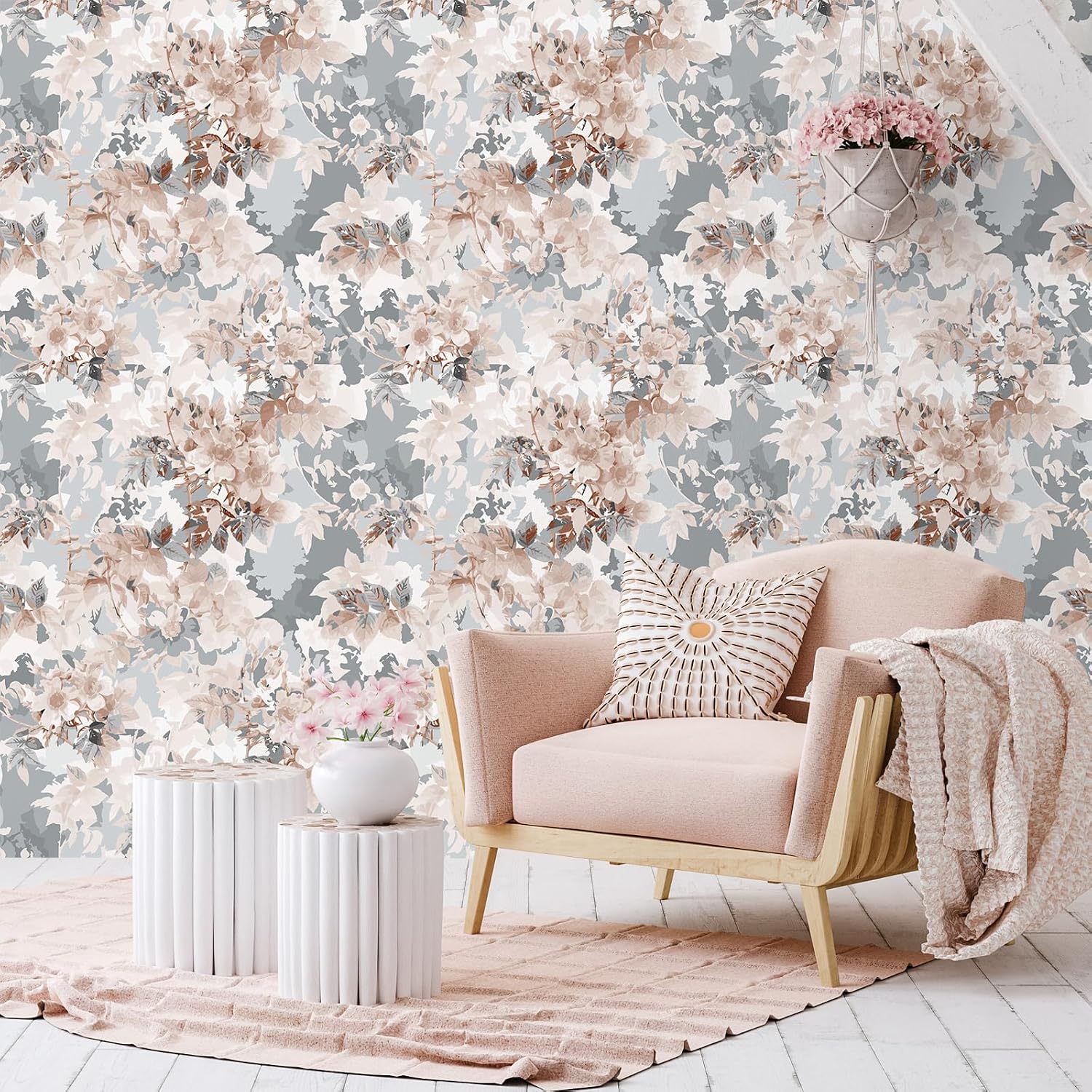 VEELIKE Soft Grey Pink Floral Wallpaper Stick and Peel Watercolor Floral Mural Contact Paper for Walls Cabinets 17.7''x118'' Removable Floral Peel and Stick Wallpaper for Bedroom Girls Room Nursery