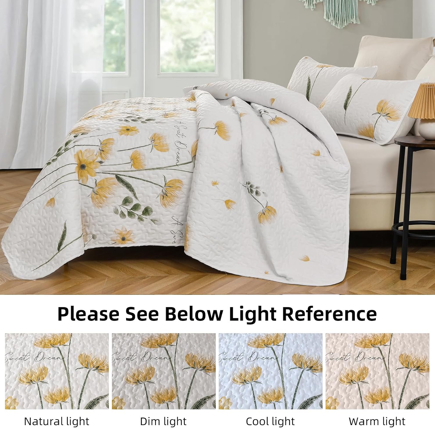 Dinjoy Quilt Set Queen Cute Floral Bedspread Coverlet Yellow Flower Quilts Microfiber Lightweight Summer Bedding Sets Reversible Soft Quilted Bed Cover for All Season(96"x90") - Image 2