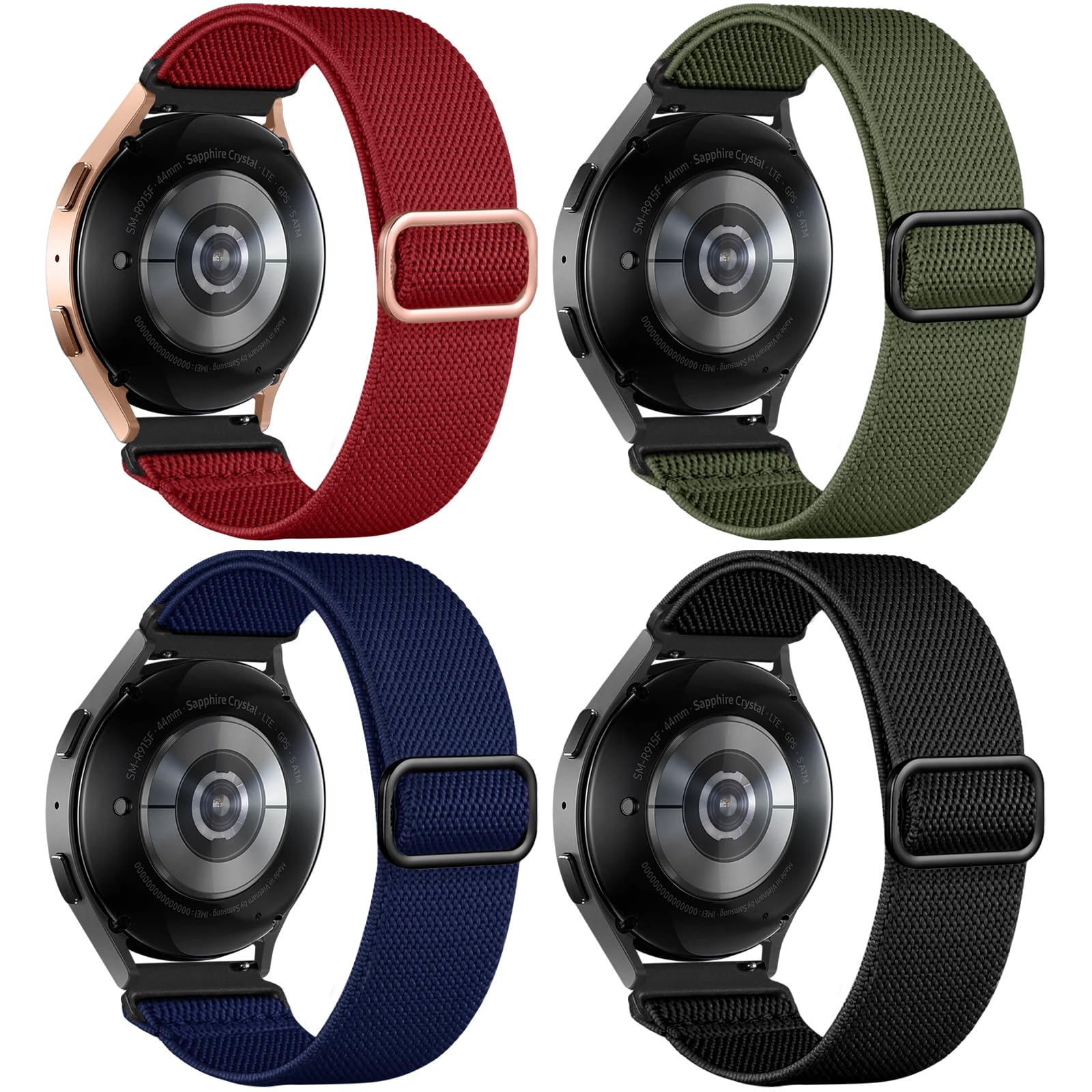 Photo 1 of DaQin Stretchy Nylon Solo Loop Bands Compatible with Samsung Galaxy Watch 6 5 4 Band, Galaxy Watch 5 Pro/Watch 6 4 Classic Band/Active 2,4 Pack 20mm Soft Adjustable Sport Band for Samsung Watch Bands