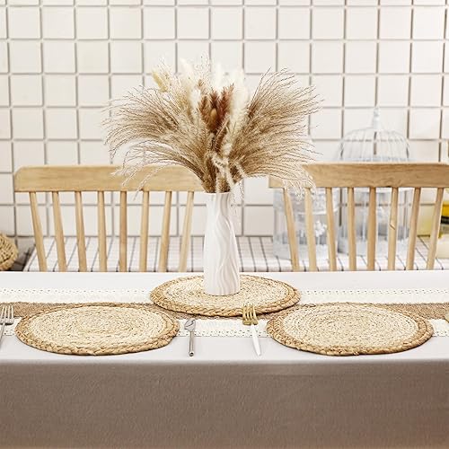 Miniatura 2 de Menkxi Juego de 9 manteles individuales redondos tejidos bohemios, camino de mesa de arpillera con borlas, pasto de pampa seco y jarrón de macramé,