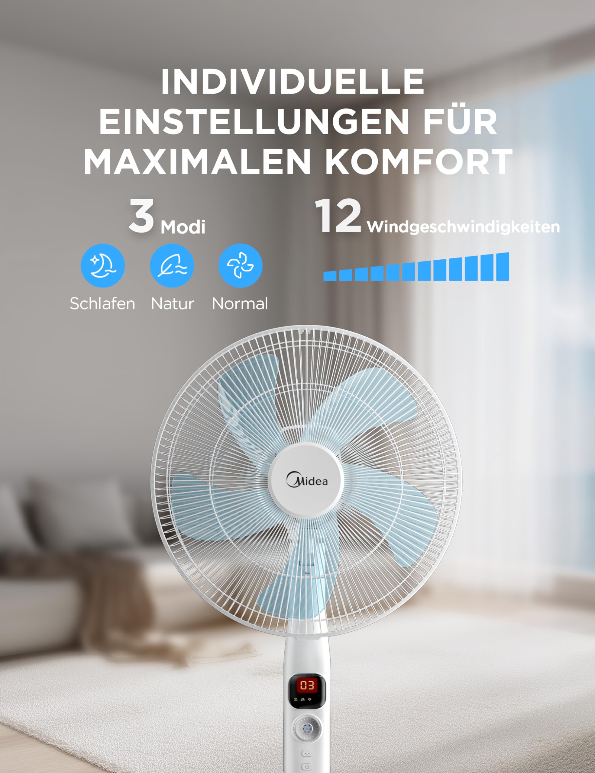 Midea FS40-16CR DC wentylator stojący, cichy, z pilotem zdalnego sterowania, 12 prędkości, timer 12 h, 4 tryby, wskaźnik LED, energooszczędny, 27 dB, regulacja wysokości, cyrkulacja powietrza, biały