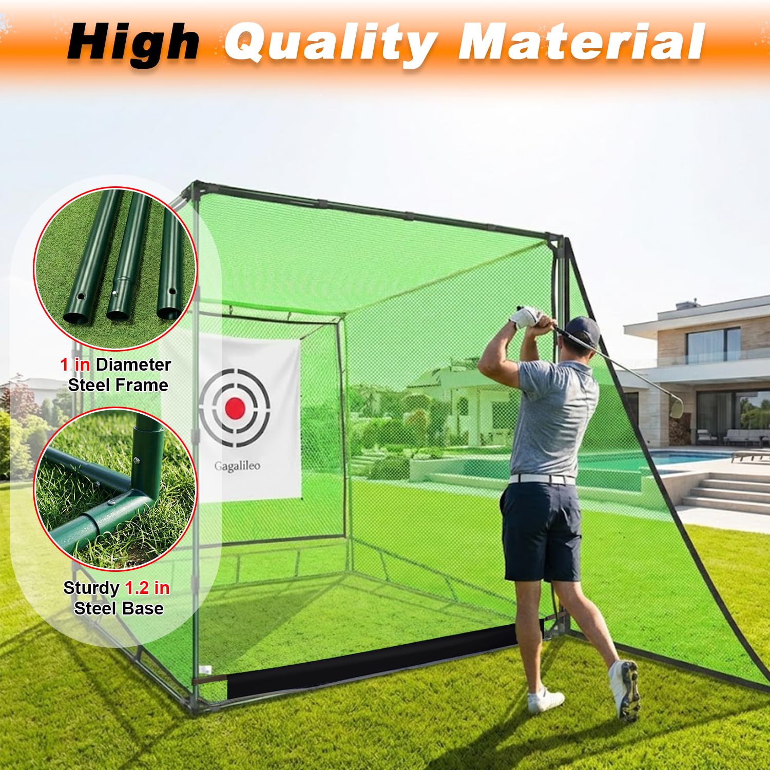 Galileo - Red de golf para entrenamiento de conducción, doble tope trasero con objetivos de ayuda al entrenamiento, red de retorno automático de bolas para jardín, 2,1 x 2,1 x 2,1 x 2,1 m, interior