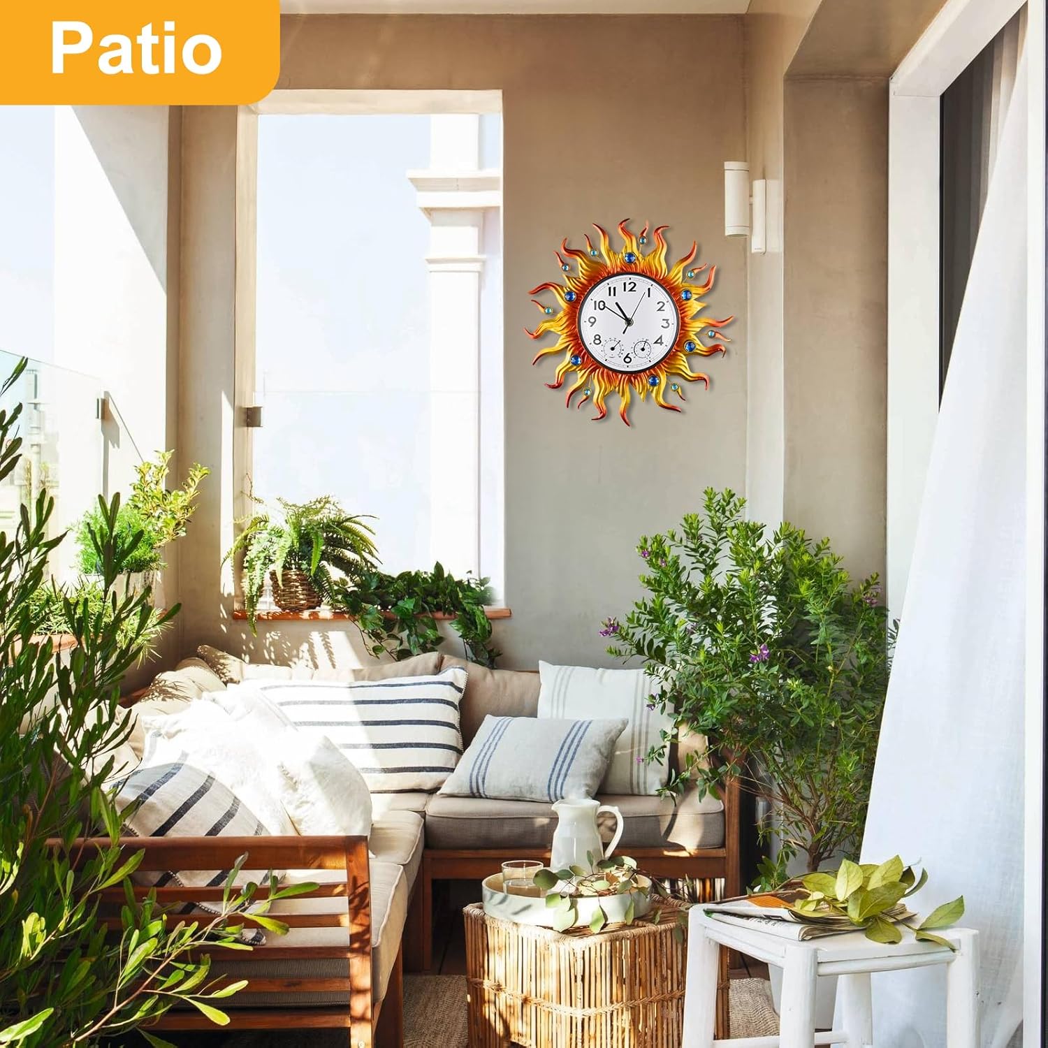 Outdoor Clock Thermometer Combo, Sun Outdoor Wall Clock, Silent Non-Ticking Outdoor Clocks Waterproof for Patio, Garden