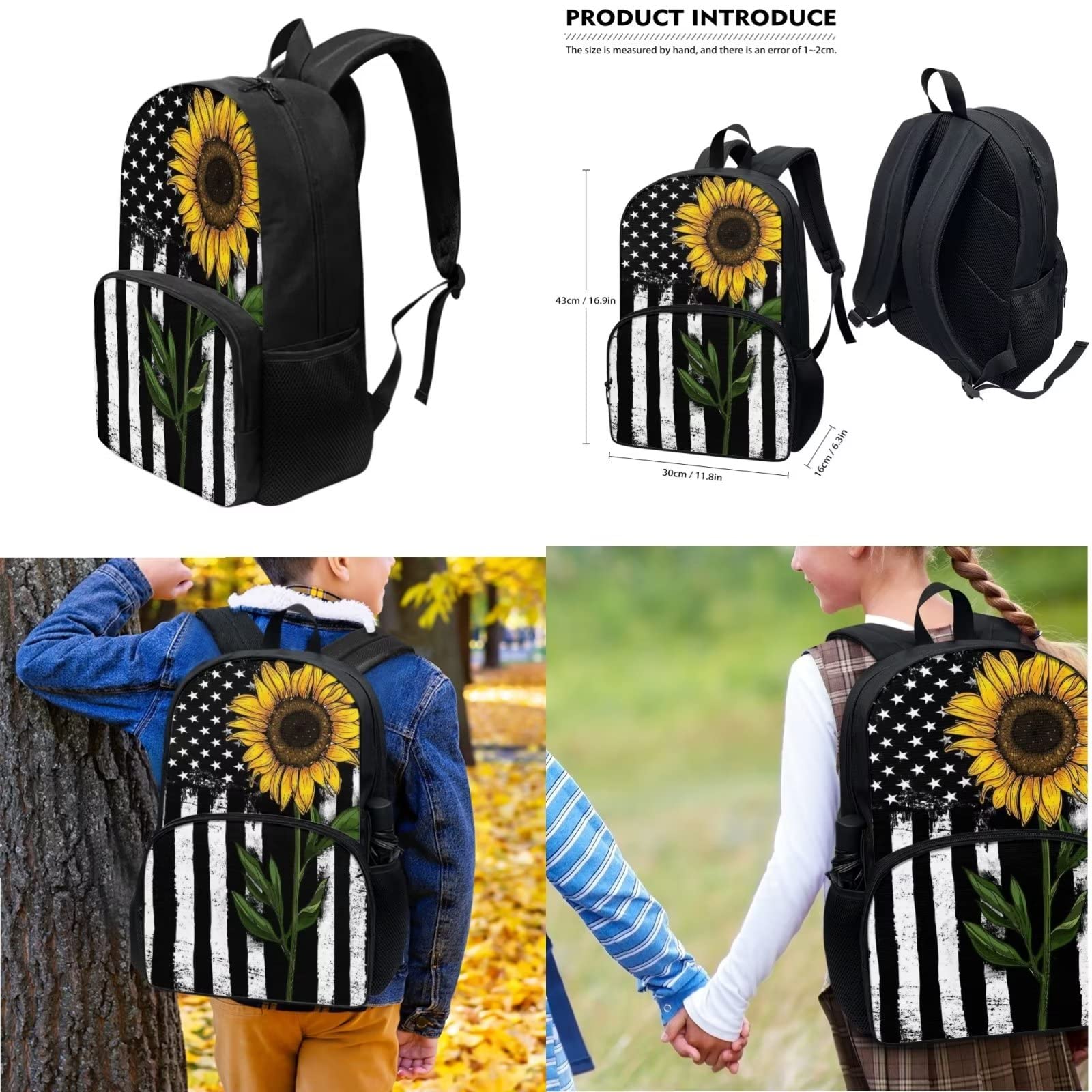 POLERO Mochila escolar de caballos para niños, juego de bolsas de almuerzo, estuche para lápices, 3 piezas, bolsas escolares, Bandera de Estados Unidos Girasol, Talla única, Mochila infantil