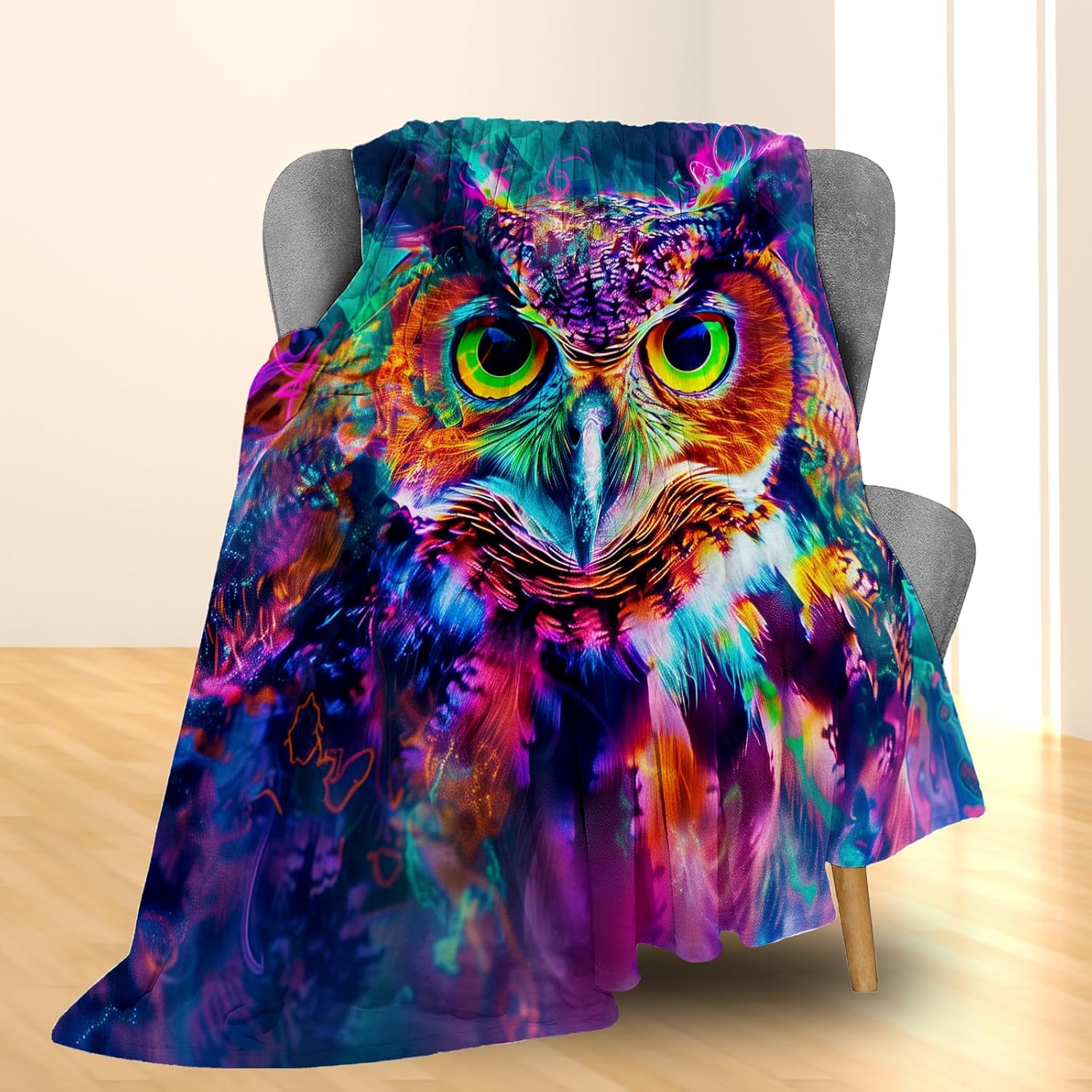Vibrant Owl Blanket - Soft and Lightweight Flannel Throw Blankets, Perfect for Couch, Bed, and Travel - Colorful Fuzzy Decor for Home and Outdoor Use - Fluffy, Artistic Home Decor 60"x50" - Image 2