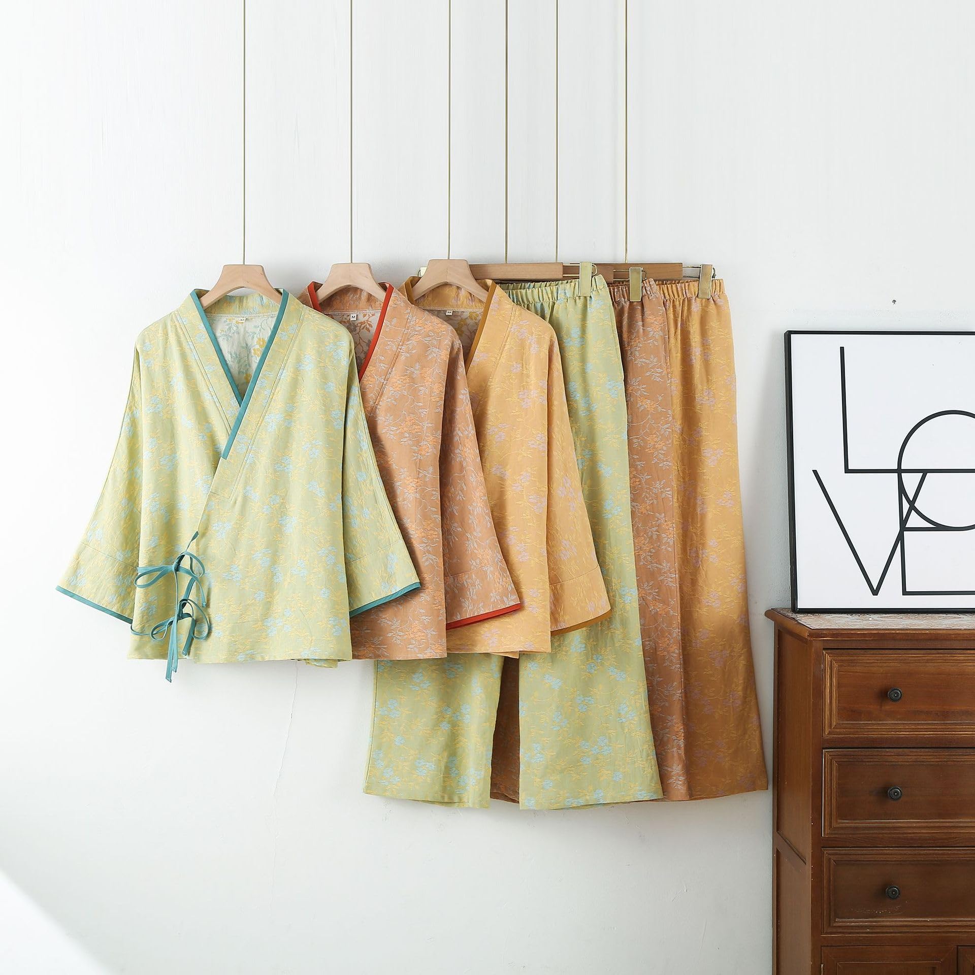 PRINCESS BRIDE Pijama estilo kimono japonés de gasa de algodón, conjunto de pijama retro con cinturón, elegante, ropa de dormir holgada para mujer