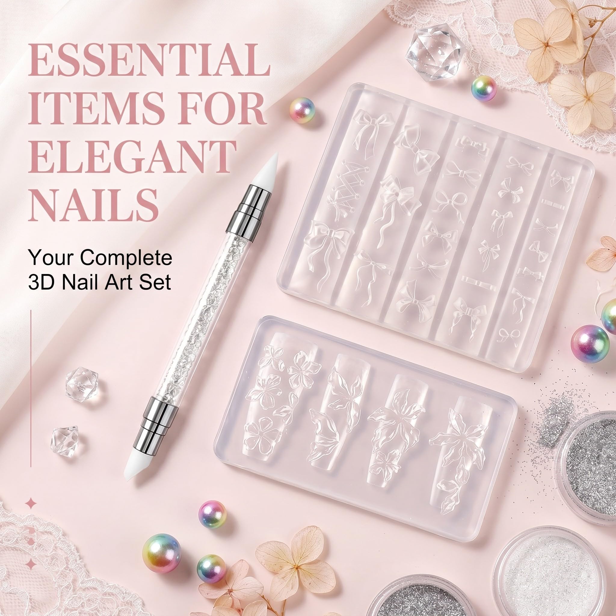 2 Pezzi Stampi per Unghie in Silicone 3D con Penna, Formine per Decorazioni Nail Art a Forma di Fiori e Fiocchi, Stampo Trasparente per Manicure Fai da Te, Accessori Professionali per Unghie