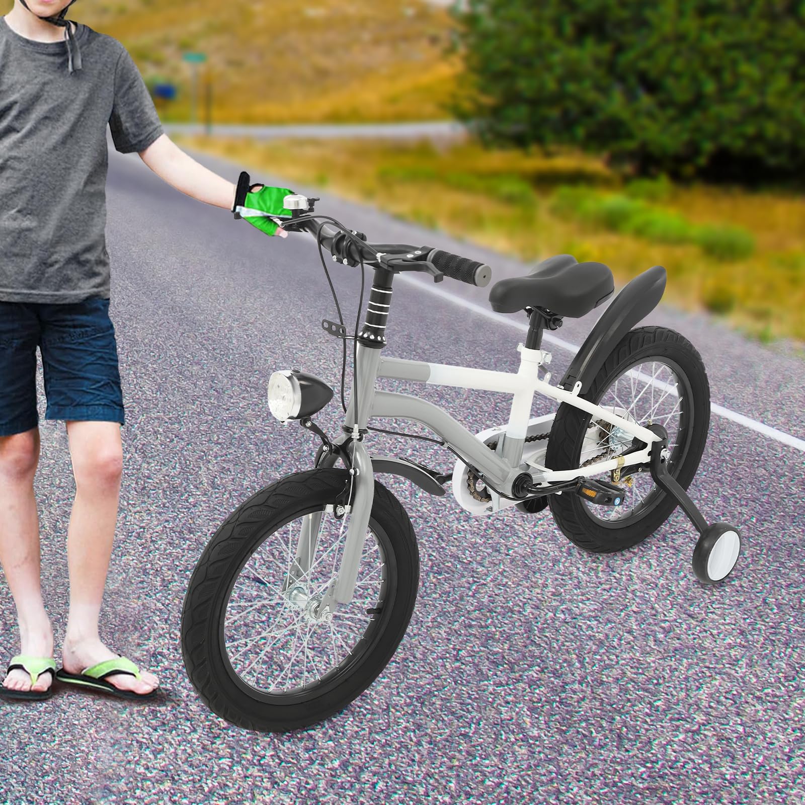 Vélo enfant 16 pouces pour garçon et fille, vélo avec roues stabilisatrices et lumière, hauteur réglable, vélo en acier au carbone pour enfant à partir de 4, 5, 6, 7 ans, gris