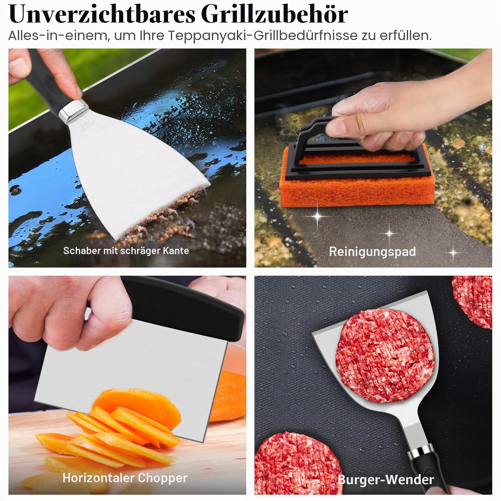 Grilliance 27-TLG Grillspachtel Plancha Zubehör für Männer, Teppanyaki BBQ Grillbesteck Set Edelstahl, Hibachi Smasher Burger Geschenkset mit Pfannenwender, Burgerpresse, Patty-Maker für Blackstone