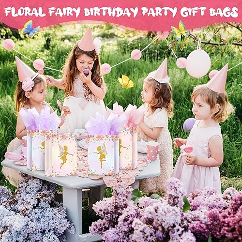 Miniatura 7 de Nezyo 16 bolsas de regalo de hadas florales con papel de seda rosa y morado, bolsas de regalo de hadas florales para regalo, bolsas temáticas de