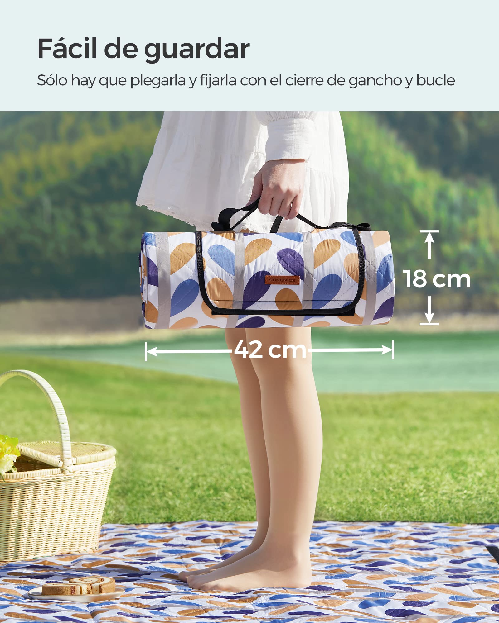 SONGMICS - Manta de pícnic, 200 x 200 cm, Gran Alfombra, para Camping, Parque, jardín, Playa, Repelente al Agua, Lavable a máquina, Plegable, diseño de Hoja GCM87CU