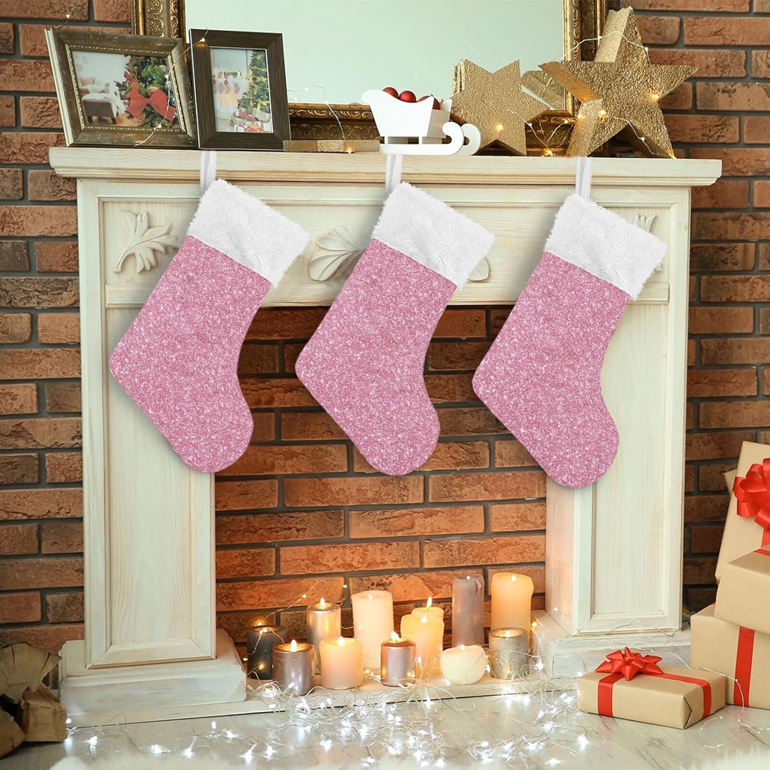 Large Christmas Stockings Fireplace Plush Xmas Hanging Stockings with Pink Glitter Pattern - Image 7
