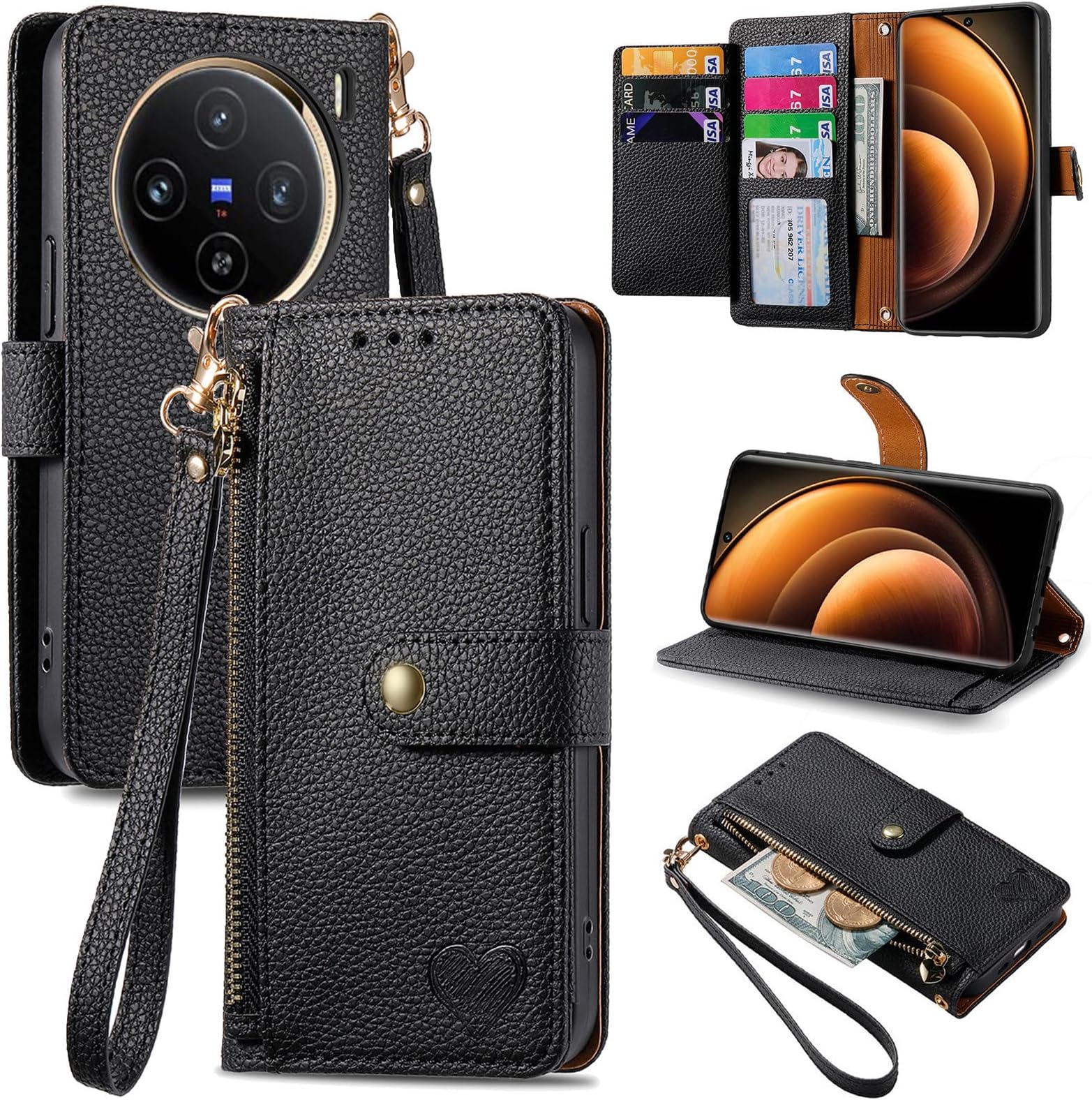 Cover Compatible with Vivo X90s 5G,Compatible with Vivo X90s 5G V2241HA Lanyard【Zipper Wallet】【7 Card Slots】【Flip Stand】【Magnetic Buckle】Black