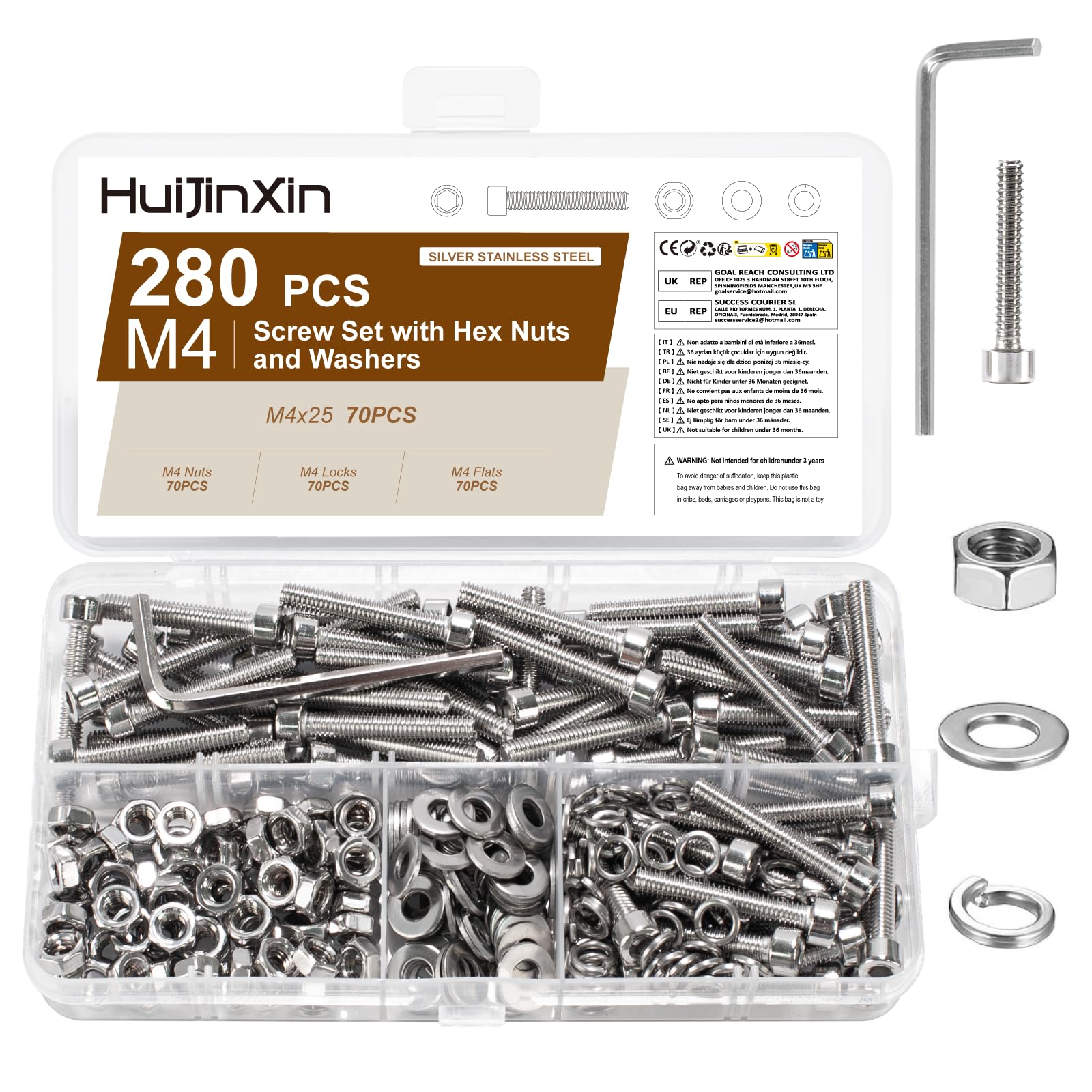 180 Pcs M5x25mm Bolts Set, Machine Screws Nuts and Bolts Assortment, Stainless Steel Hex Socket Head Cap Screws Bolts and Nuts Set, Hex Socket Screw with Lock & Flat Washers Sets