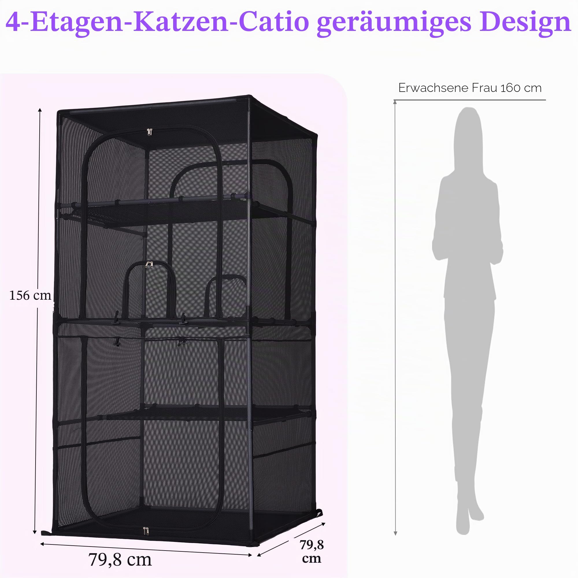 Catio Outdoor Katzengehege Fenster 160.0 cm H Großer Katzenkäfig mit Sitzstangen 4 Etagen Katze Terrasse Laufstall Kätzchen Zwinger für mehrere Indoor Katzen