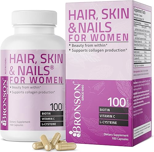 Bronson Suplemento vitamínico extra fuerte para cabello, piel y uñas con biotina para mujeres, 100 cápsulas