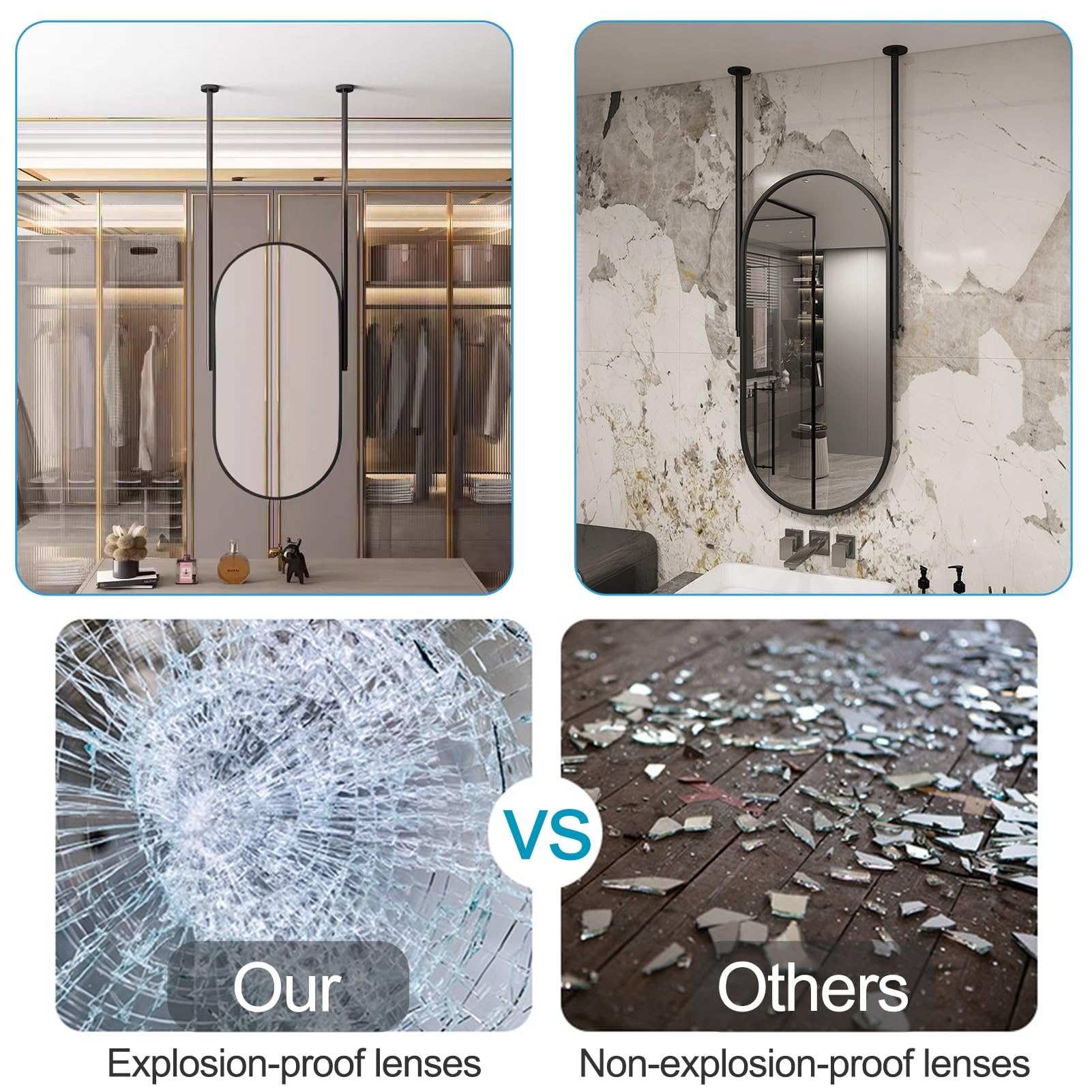 Espejo de Techo con Marco de Metal Negro y Varillas x 2 - Boom Personalizable, Espejos flotantes para tocador de baño, Espejos Decorativos Simples para Pared (tamaño: