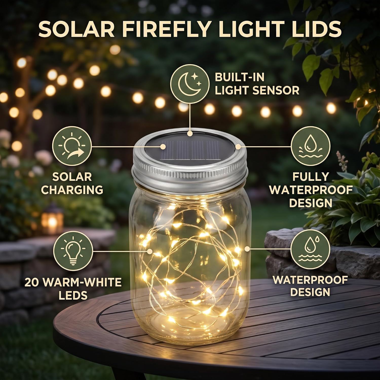 Solar Mason Jar Lights Lids, ABS Fairy String 20 LEDs 6.6ft Warm Light for Outdoor Indoor Decor Weddings Parties image 5