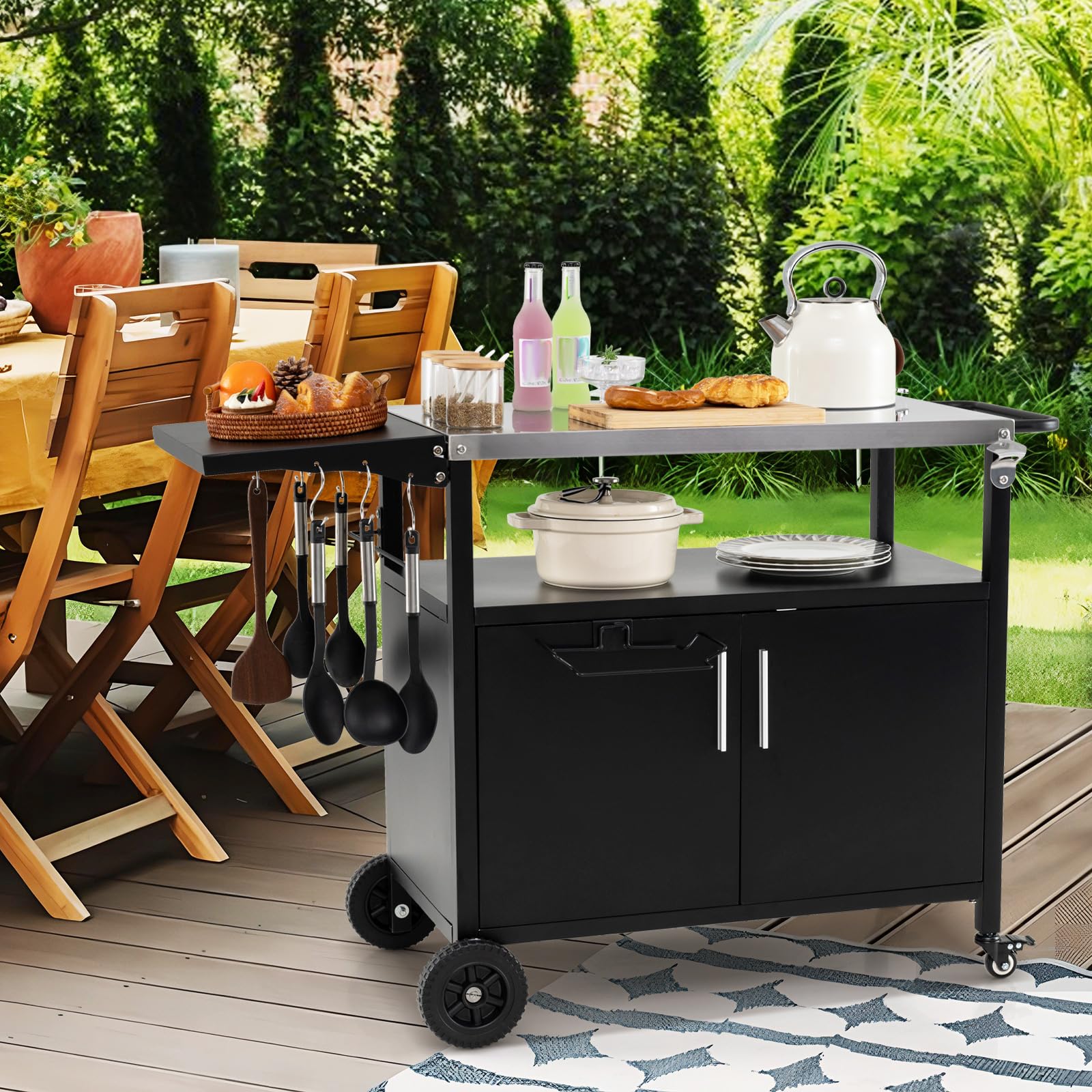 GIANTEX Carrito de barbacoa para exteriores, mesa de barbacoa con encimera de acero inoxidable y mesa lateral plegable, carrito de cocina con ruedas, mesa auxiliar con soporte para bolsa de basura