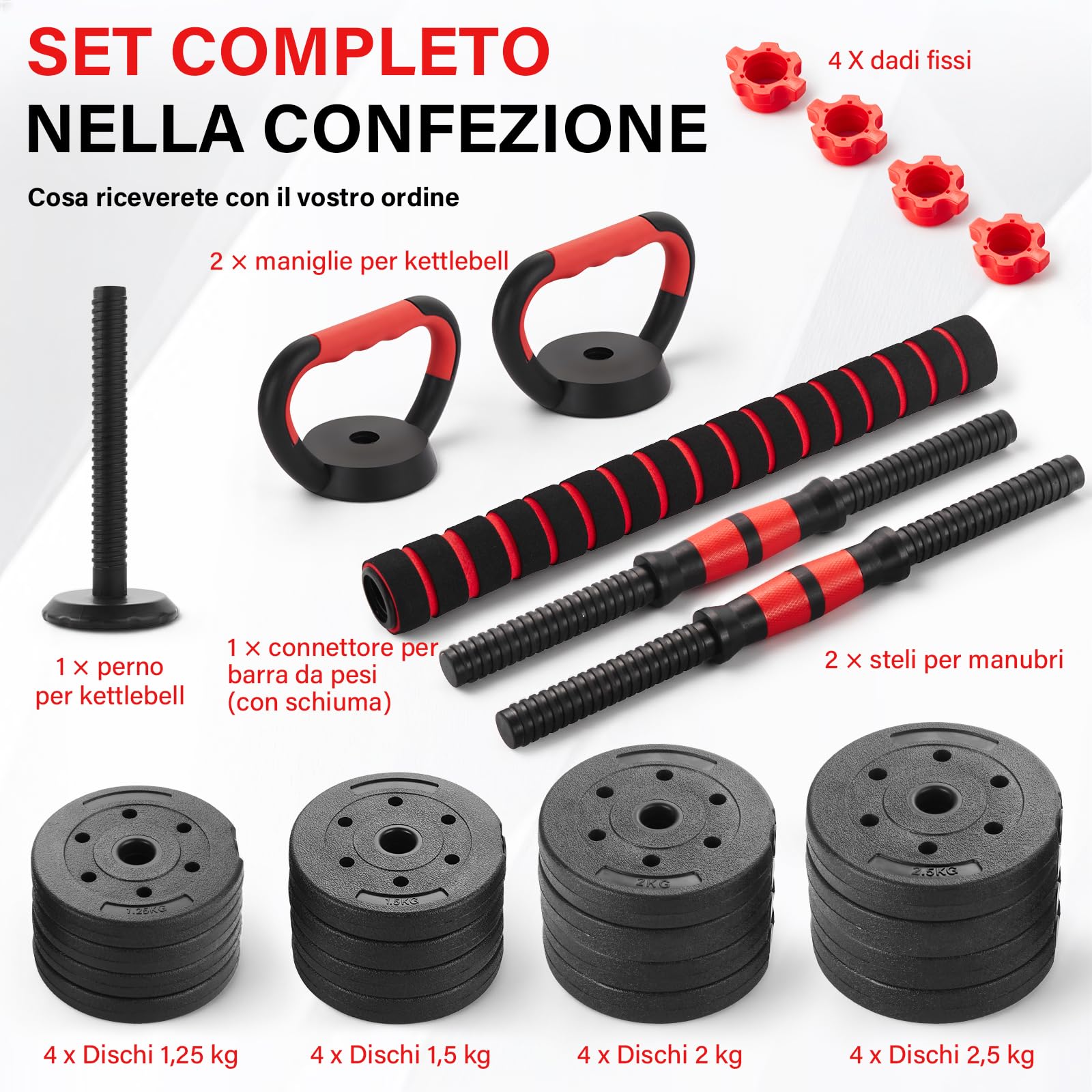 TEENO Kit Completo per Muscolazione 15 kg, 20 kg, 30 kg con Kettlebell, Manubri, Barre e Supporti per Flessioni, Ideale per il Fitness Domestico