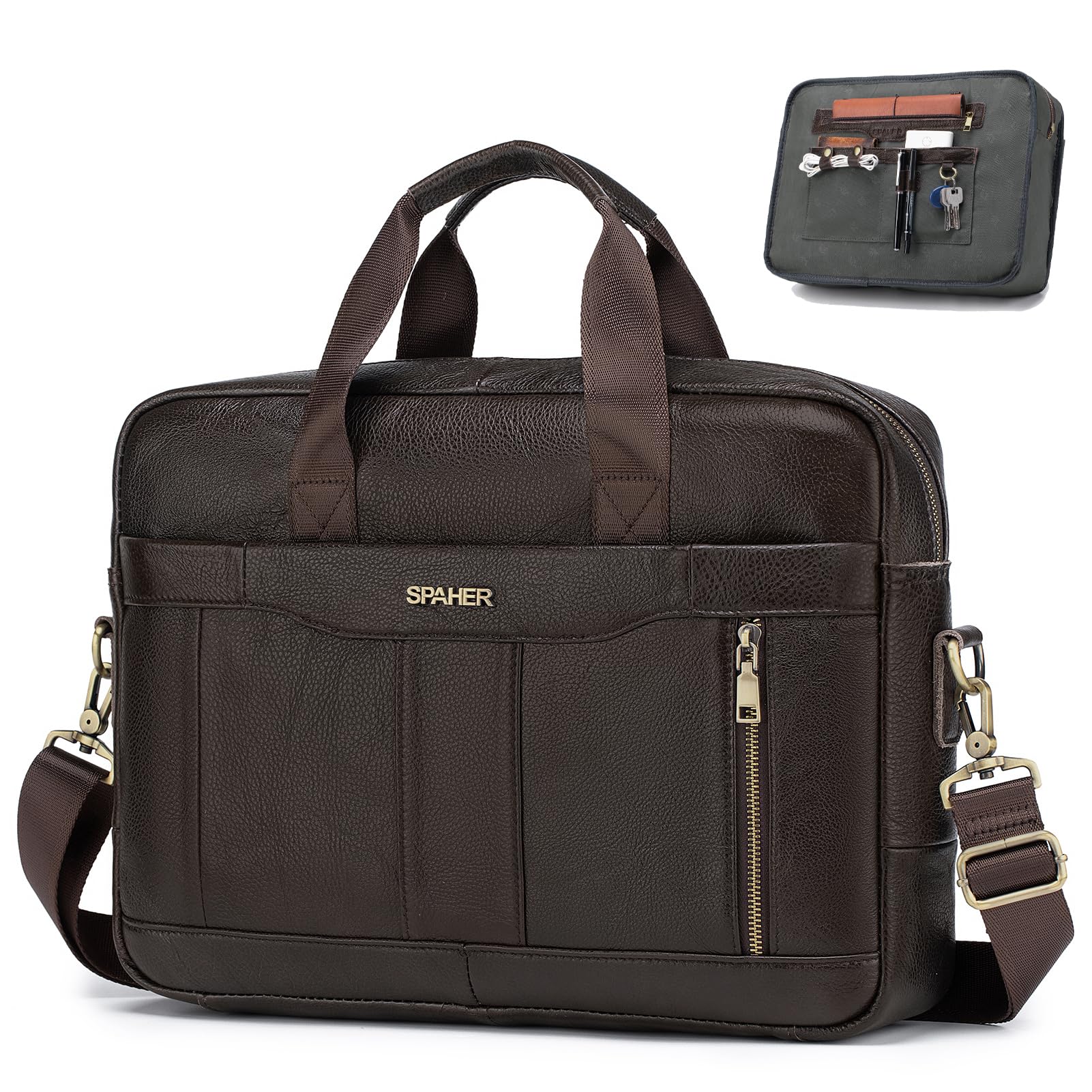 SPAHER Vintage Torba na Laptopa 14/15,6 cala Męska Teczka Prawdziwej Skóry Briefcase Torba na Ramię Torba na Biznesowa Pracy Notebooka Robocza Listonoszka Crossbody Wodoodporna