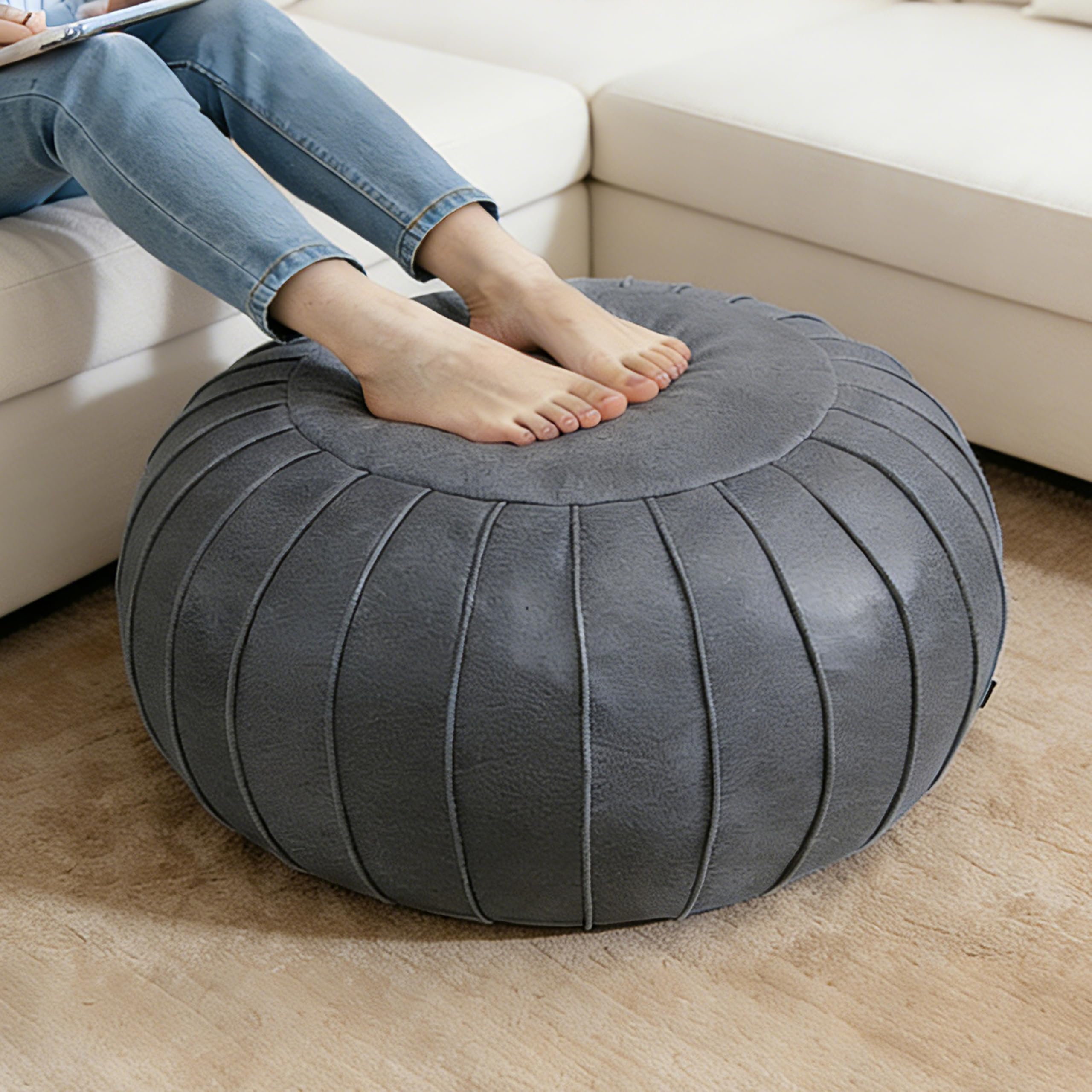 Handmade Storage Pouf Ottoman Foot Stool - Faux Suede Round Floor Cushion 21.6"x13" for Living Room, Bedroom, Wedding Decor, Unstuffed (Deep Grey)