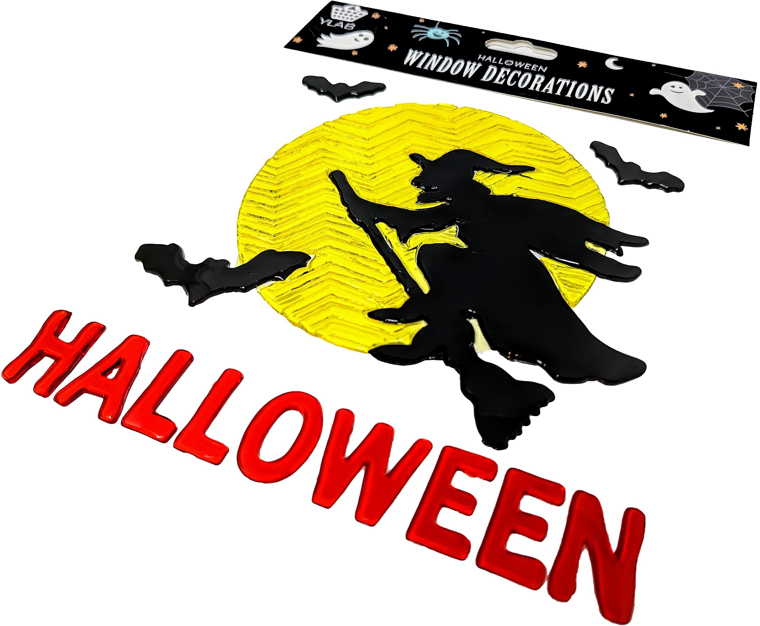 Halloween Window Stickers Gel Clings – Witch Flying Past Moon – Reusable Halloween Window Decorations for Glass, Mirrors & Smooth Surfaces – 1 Sheet (20x20cm)