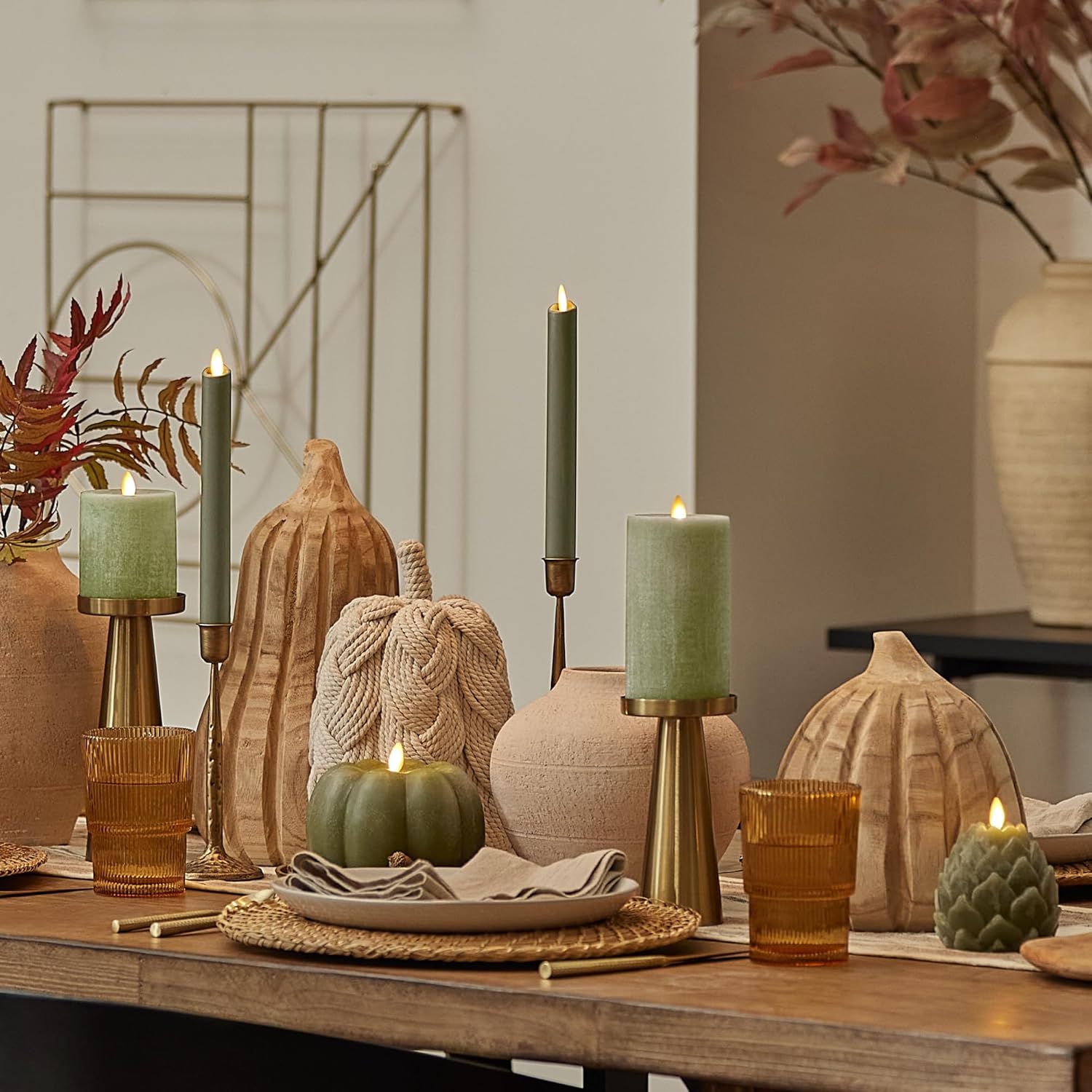 Luminara Pumpkin Figural Flameless Flickering Moving Flame LED Candle (5.5" x 4.25"), Chalky Finish Real Unscented Wax, Time Function (Loden Green)