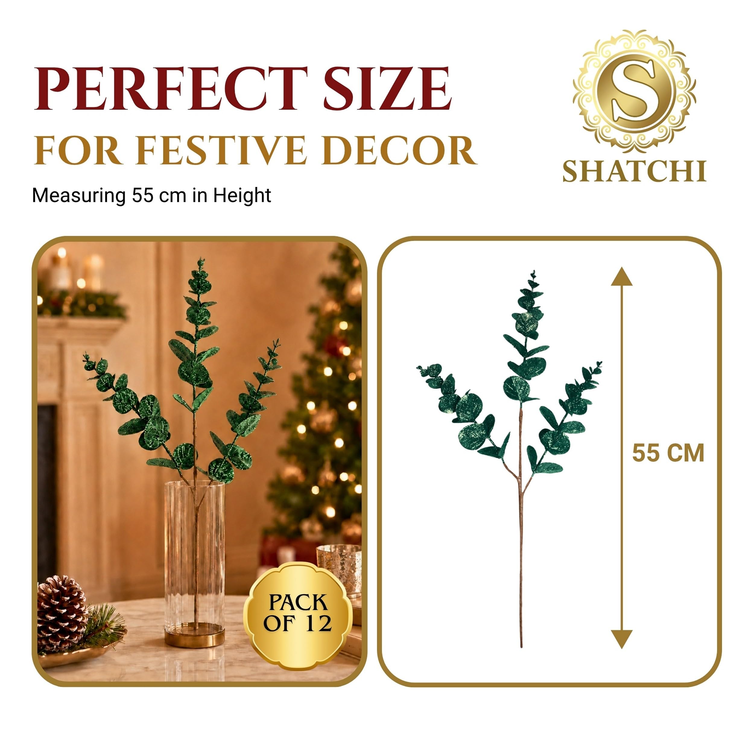 Lot de 12 tiges d'eucalyptus artificielles pour Sapin de Noël, 55 cm, Vert