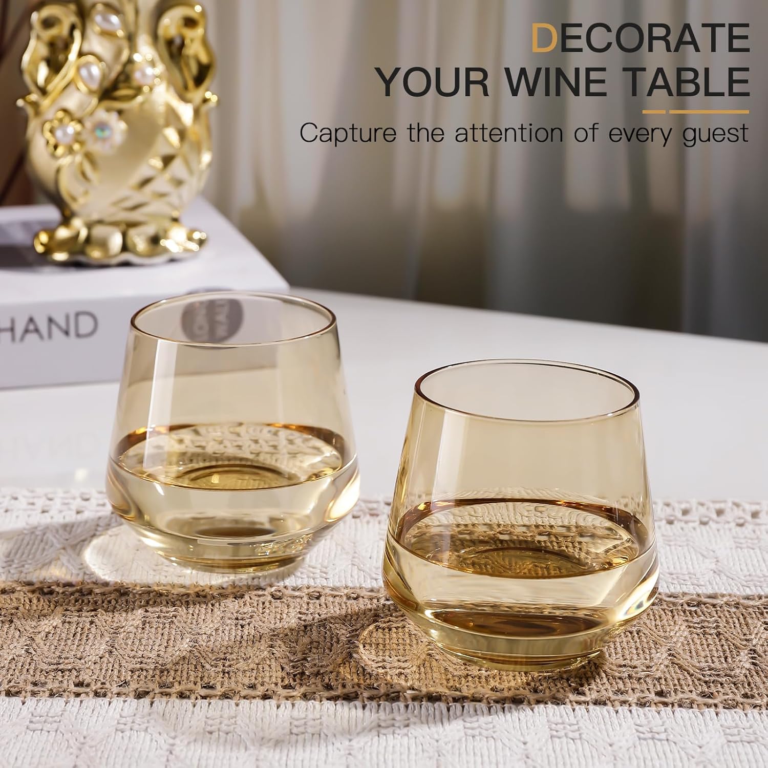 Amber Stemless Wine Glasses Set of 6-14oz Classic Design for Drinking, Amber Stemless Glassware for Beverages and Wine - Set for Parties Home and Bar Use New Year Gifts - Image 5