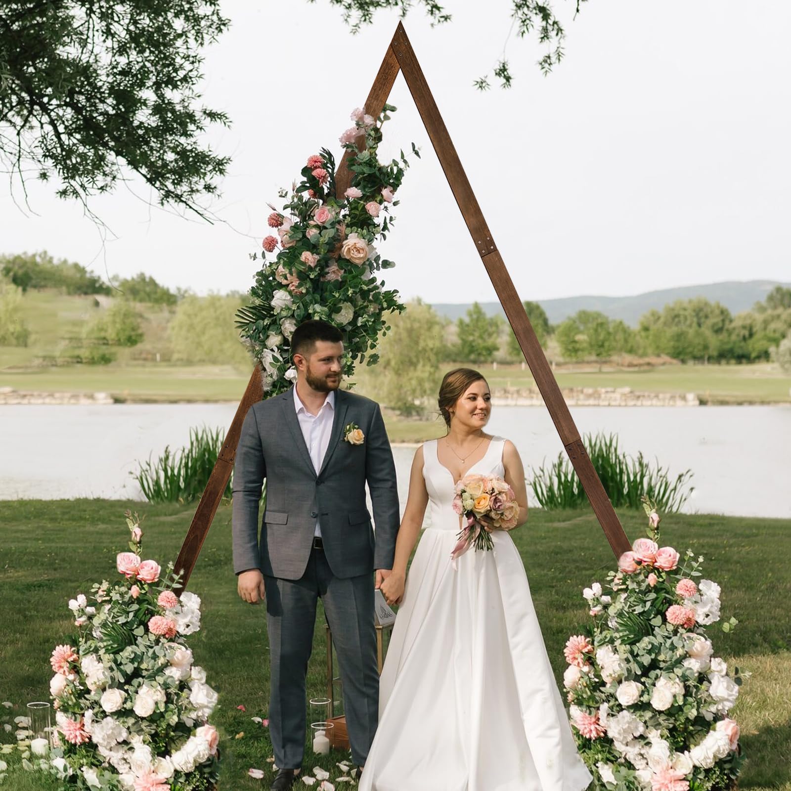 Photo 1 of Wooden Wedding Arch 8.2FT, Triangle Wedding Arch, Wedding Arches for Ceremony, Natural Wood Wedding Backdrop Stand for Garden Wedding Parties, Wooden Arch Decor Rustic Wedding Arch Decorations 8.2FT Triangle Wedding Arch