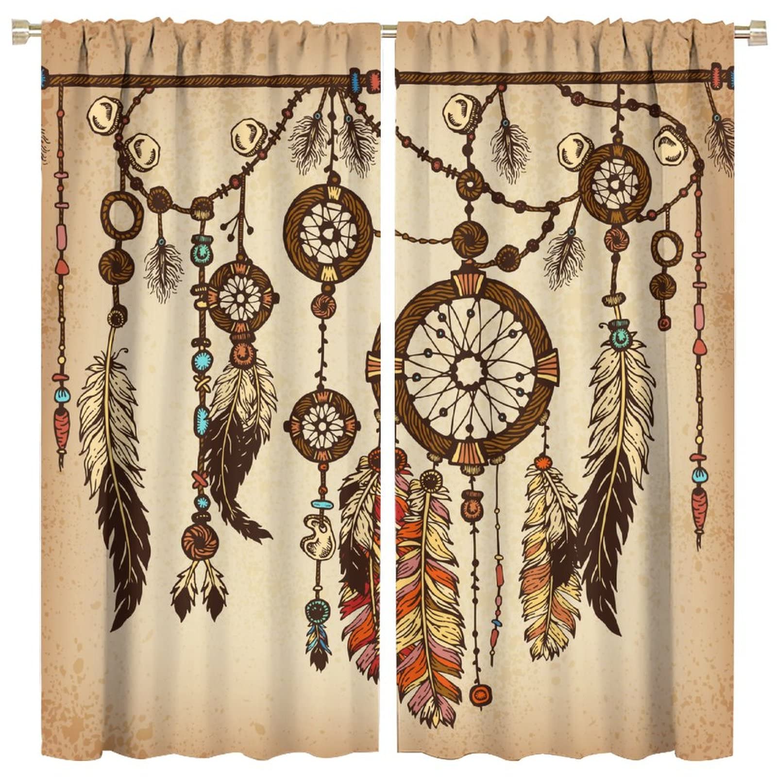 Tribal Ethnic Curtains Dreamcatcher Theme Feather Vintage Dream Catcher Art Printed Window Drapes Bedroom Living Room Decor Rod Pocket 42x45in