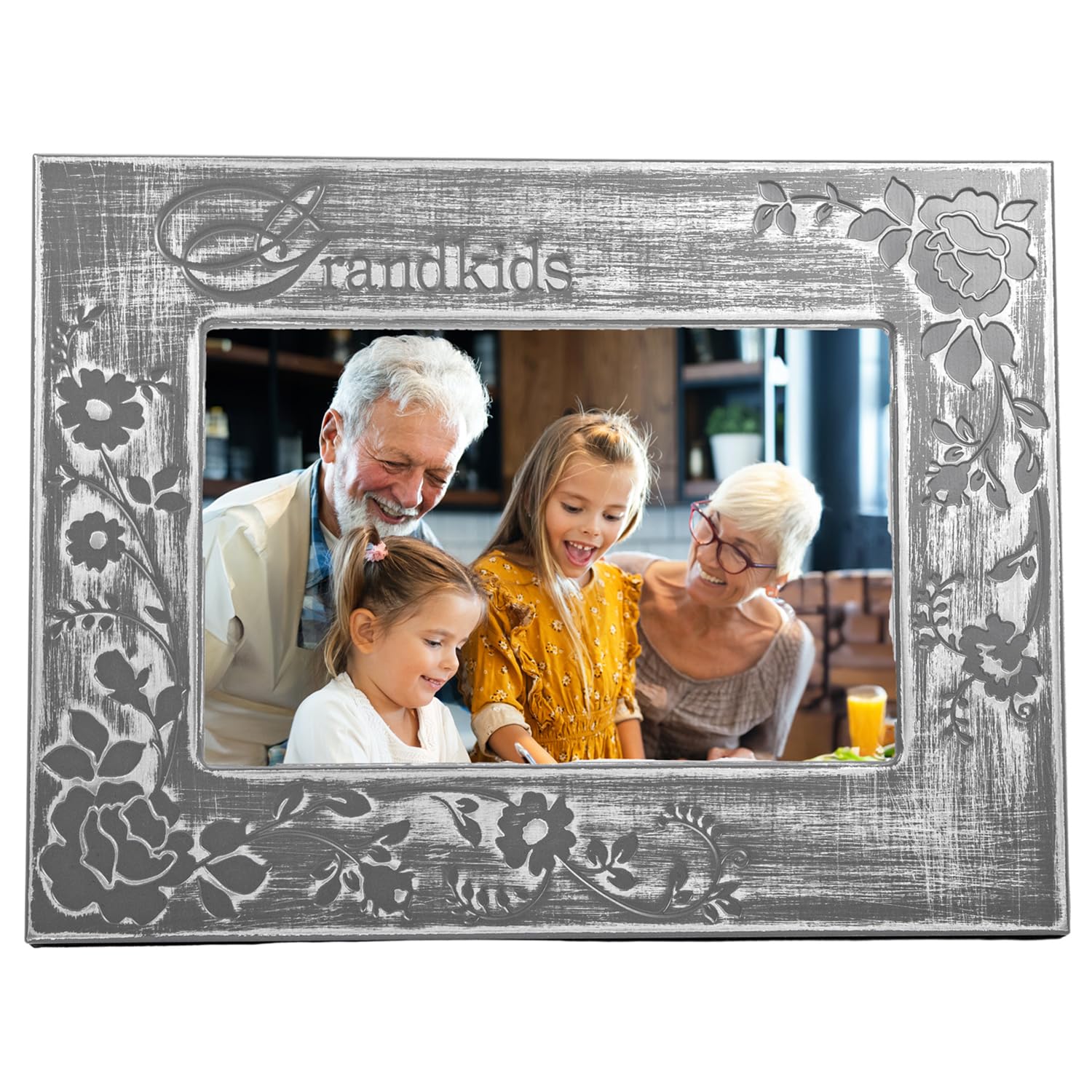 Happy Homewares Contemporary Galvanised Brushed Silver Grandkids Sentiment Picture Frame with Rose and Floral Decor
