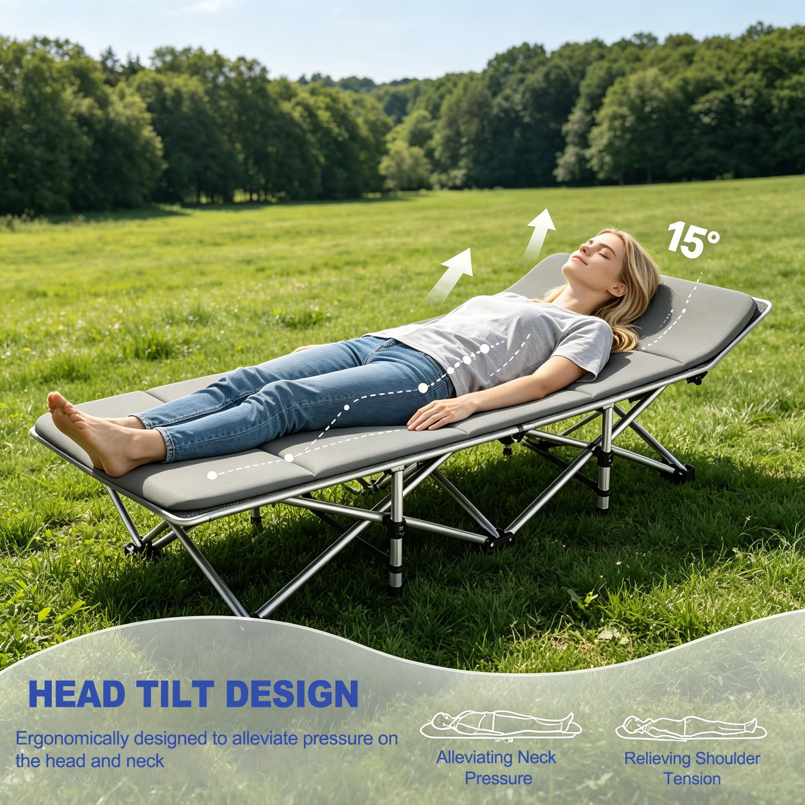 Tragbares, faltbares Campingbett mit Matratze, strapazierfähig, übergroßes Nickerchenbett für Camping, Büro, Wandern, Angeln, Schlafliege, Reisen, Zuhause, 299,8 kg Tragkraft