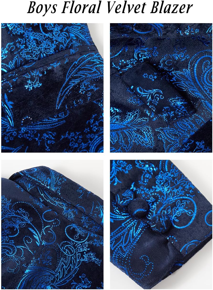 Boys Floral Velvet Blazer Jacket for Kid Tuxedo Jackets
