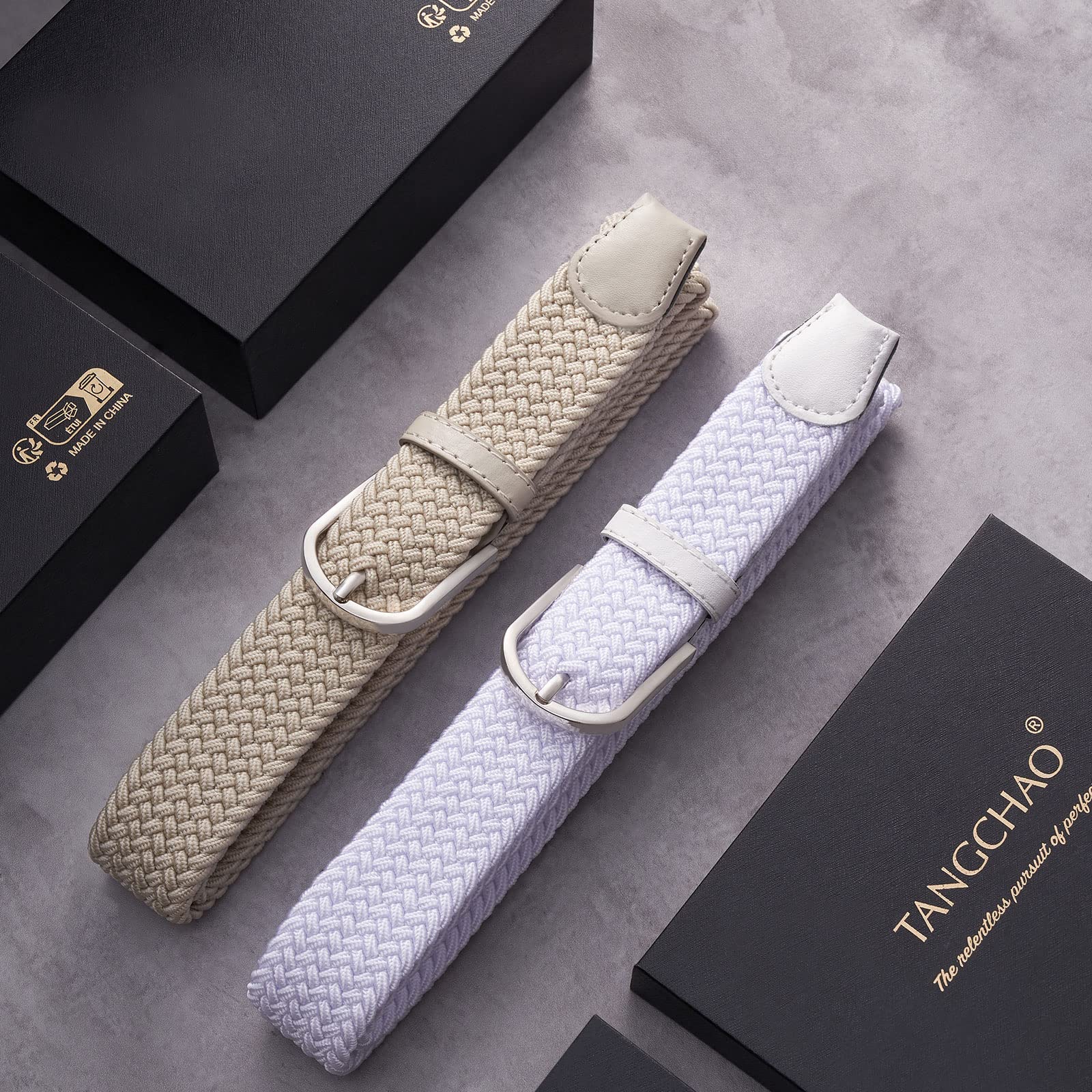 TANGCHAO 2 Pezzi Cintura Elastica Intrecciata per Uomo e Donna Cinturino Elastica Intrecciata con Fibbia in Lega di Zinco 33mm (1.25") Colori Multipli
