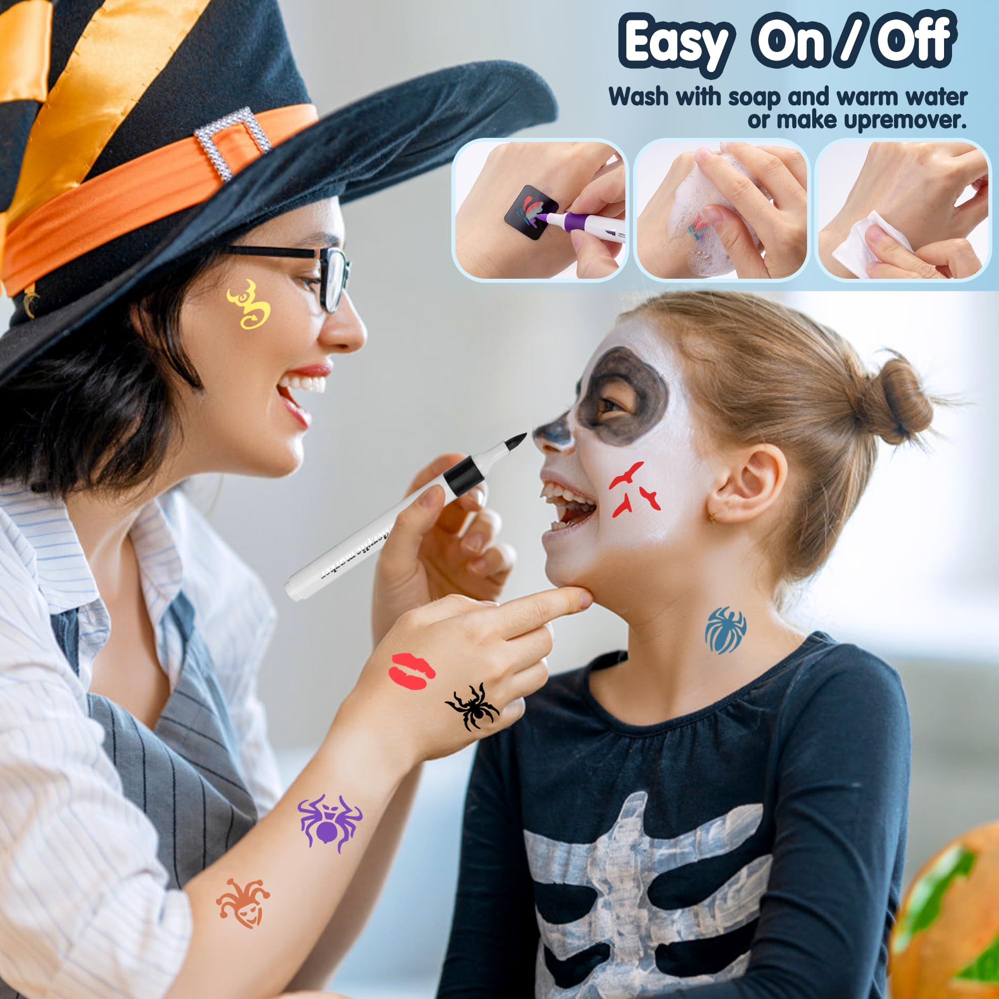 ACCloud Marcatori tatuaggi temporanei per la pelle Kit penne di vernice, 10 Marcatori corpo+ Tattoo Stencils Kit, Punta flessibile della spazzola, Pelle sicura, Kit trucco per Halloween