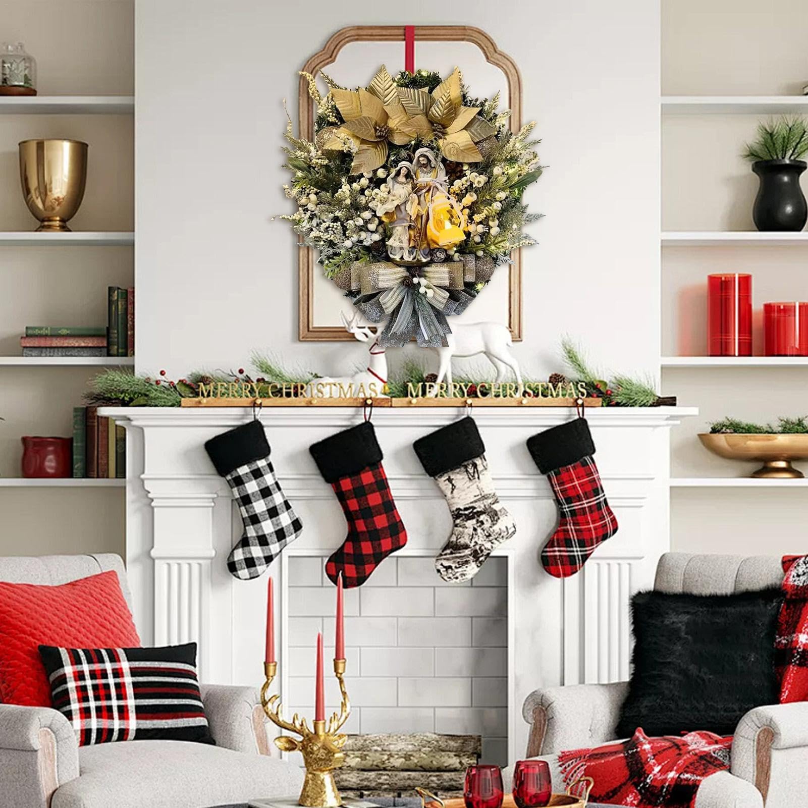 Couronne de Noël éclairée, Guirlande de Sainte, Crèche de Noël éclairée, décorations de Porte pour l'extérieur, la Maison, Les Vacances