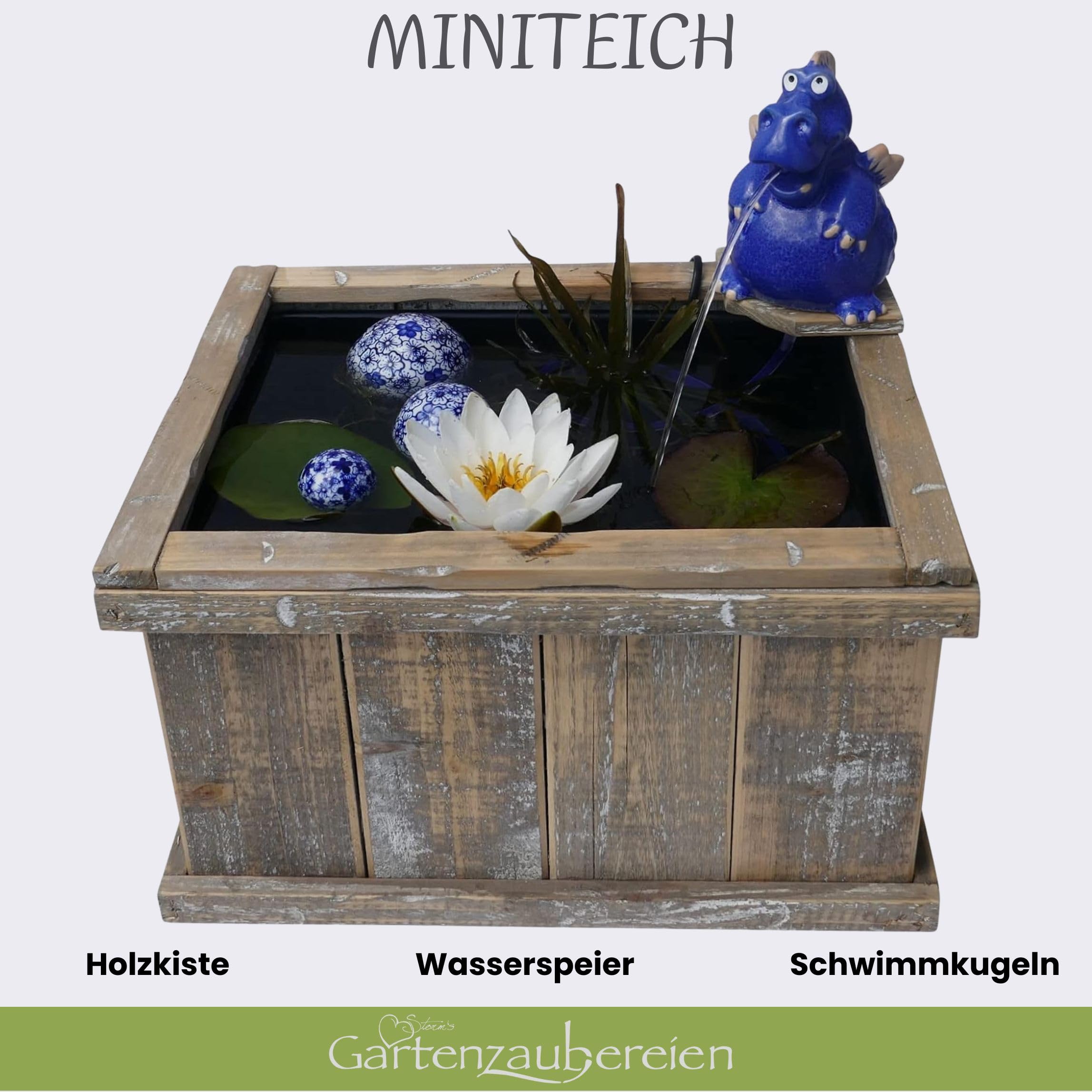 Storm's Gartenzaubereien Miniteich Set Holzkiste Teich Becken Wasserspeier Drache Pumpe Schwimmkugeln Teichkugeln