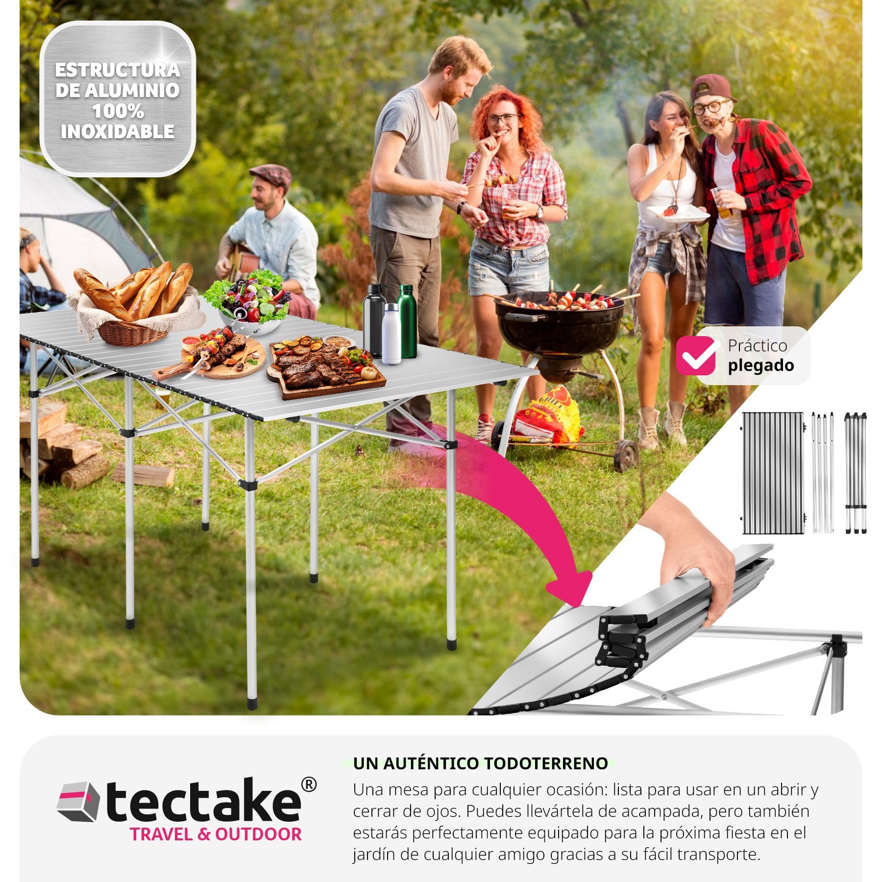 tectake® Mesa Plegable Aluminio, Mesa Camping Plegable, Mesa Jardín Exterior con Asa y Bolsa de Transporte, Impermeable, Fácil Montaje y Limpieza, Ideal Acampadas, Jardín, Terraza, Picnic, 140x70x70cm