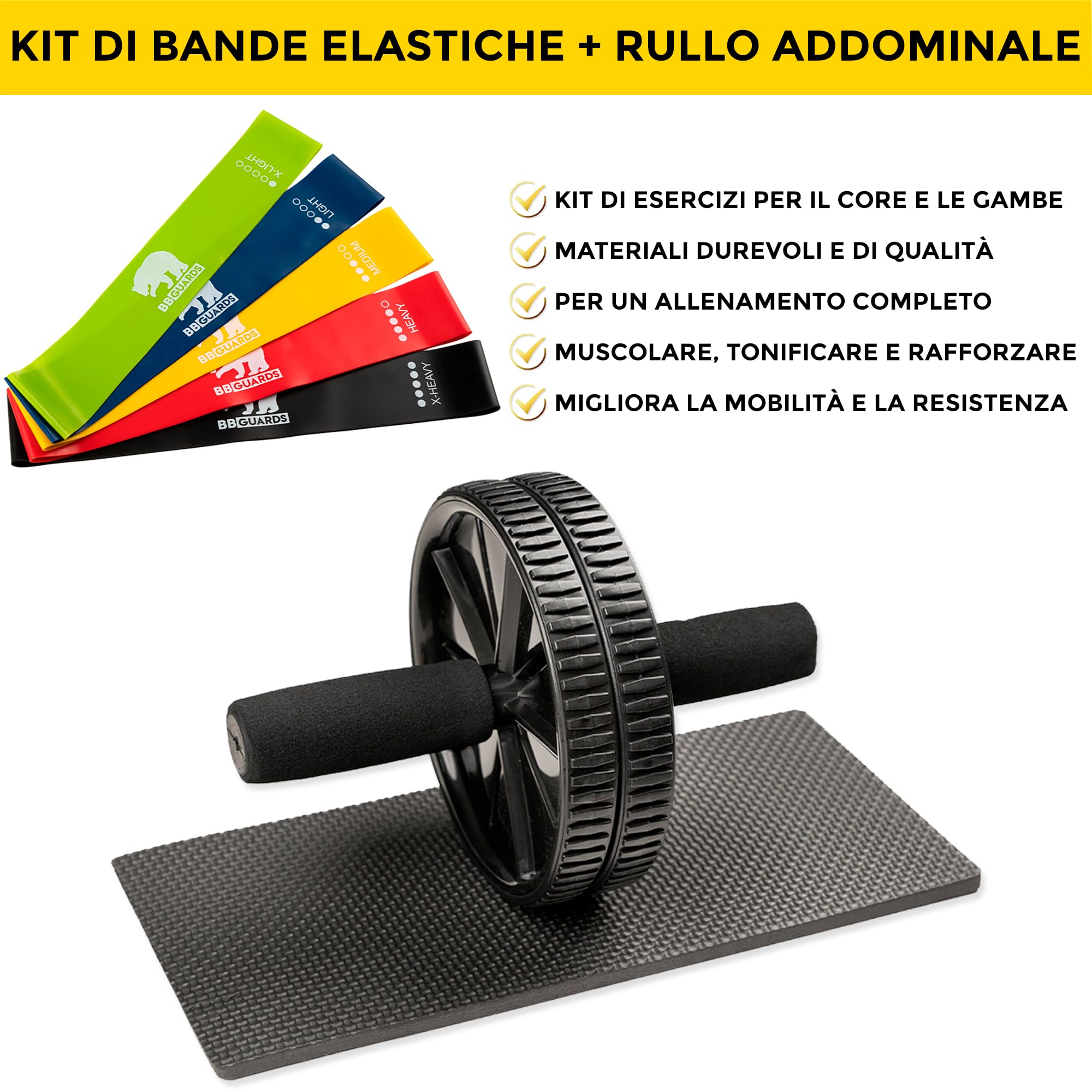 Kit di Allenamento in Sospensione e Fitness: rullo addominali, elastici fitness e cinghie da sospensione. Attrezzi per palestra in casa (elastici palestra, ruota addominali e cinghia da sospensione)