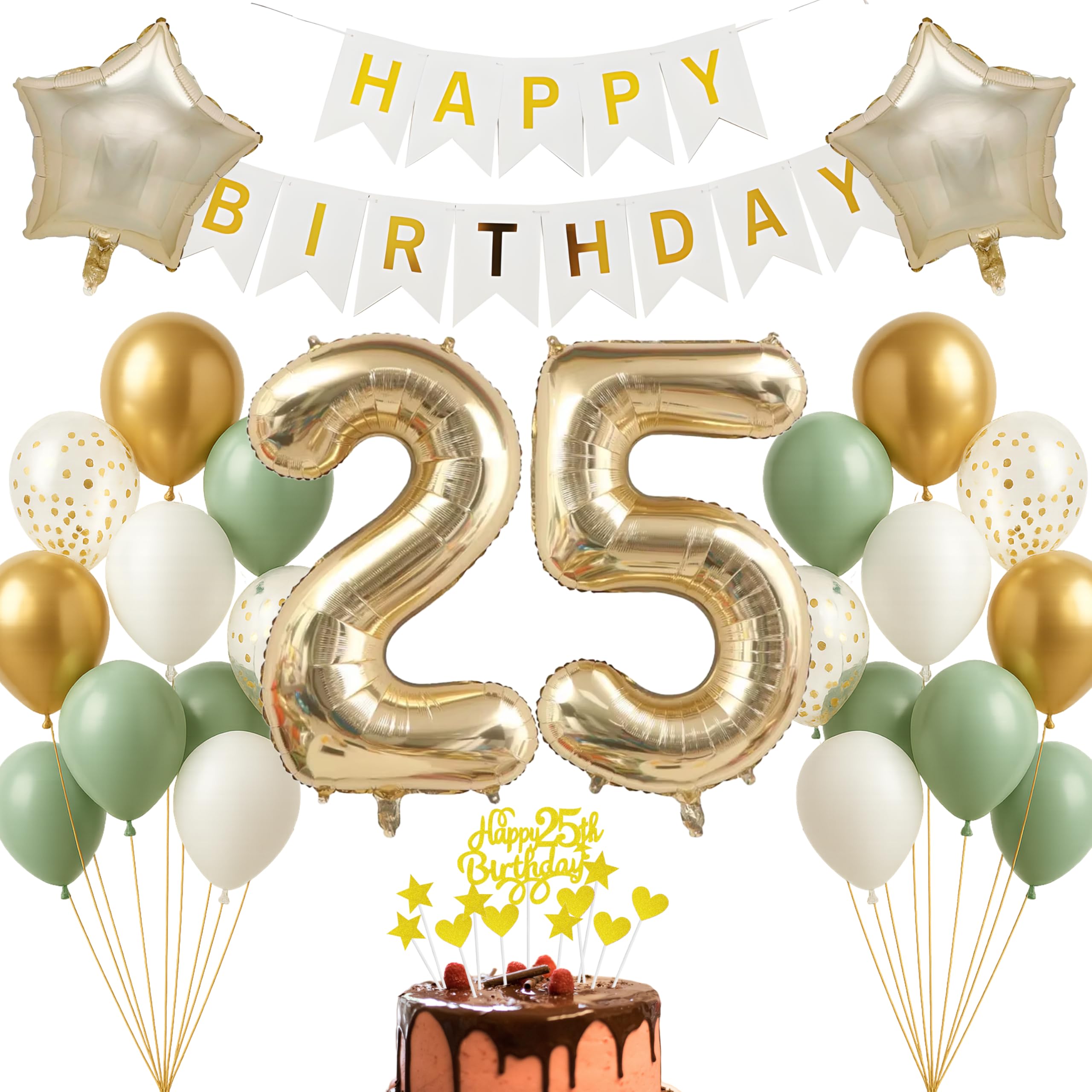 25th Birthday Decoration Set Champagne Gold White Sage Green Happy Birthday Banner for Adults Women Men Decoration for 25th Birthday Decoration Photo Background Balloon Decoration Party Decoration