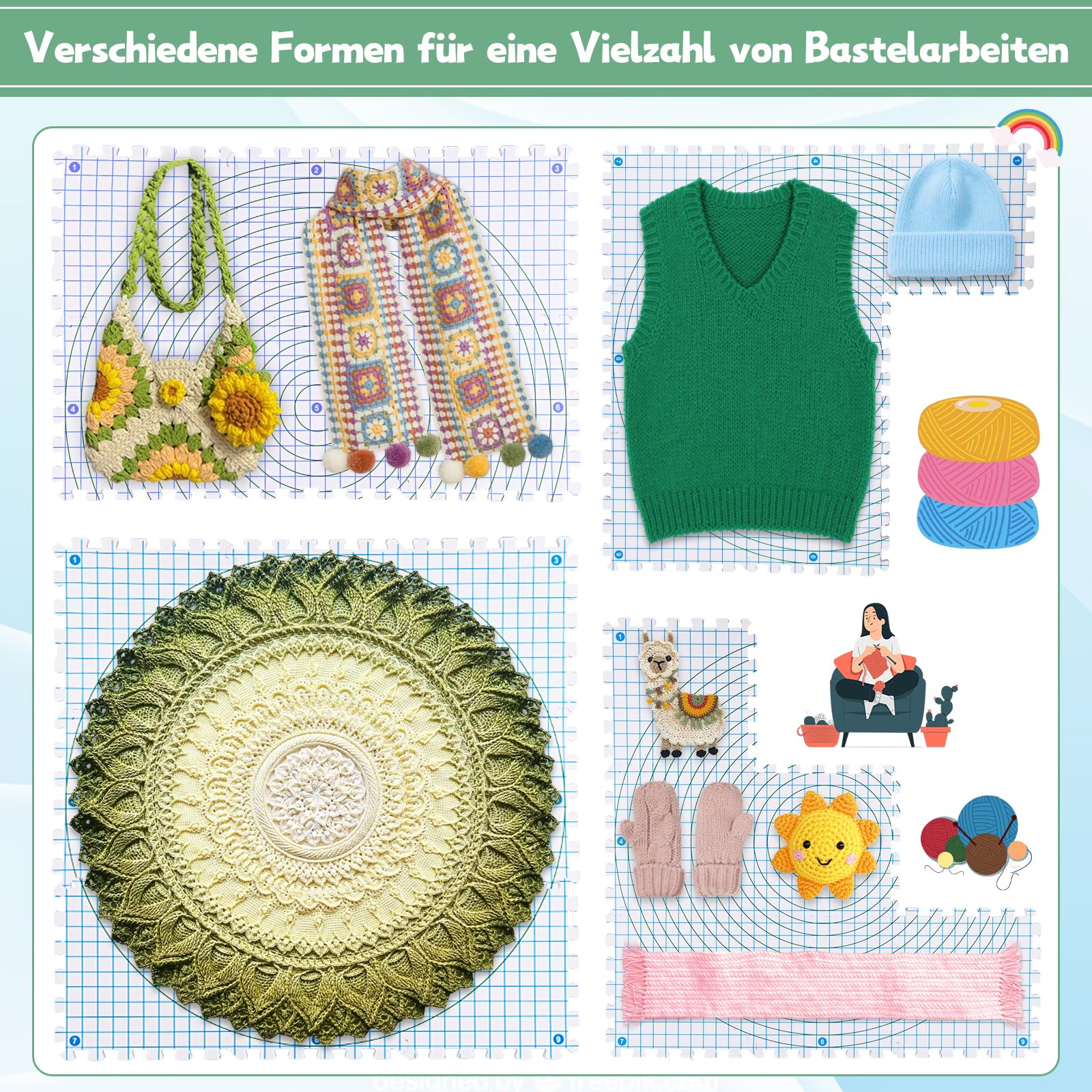 Coopay Spannmatten Set Für Strickarbeiten - 9 Blockiermatten Mit 200 T-Nadeln