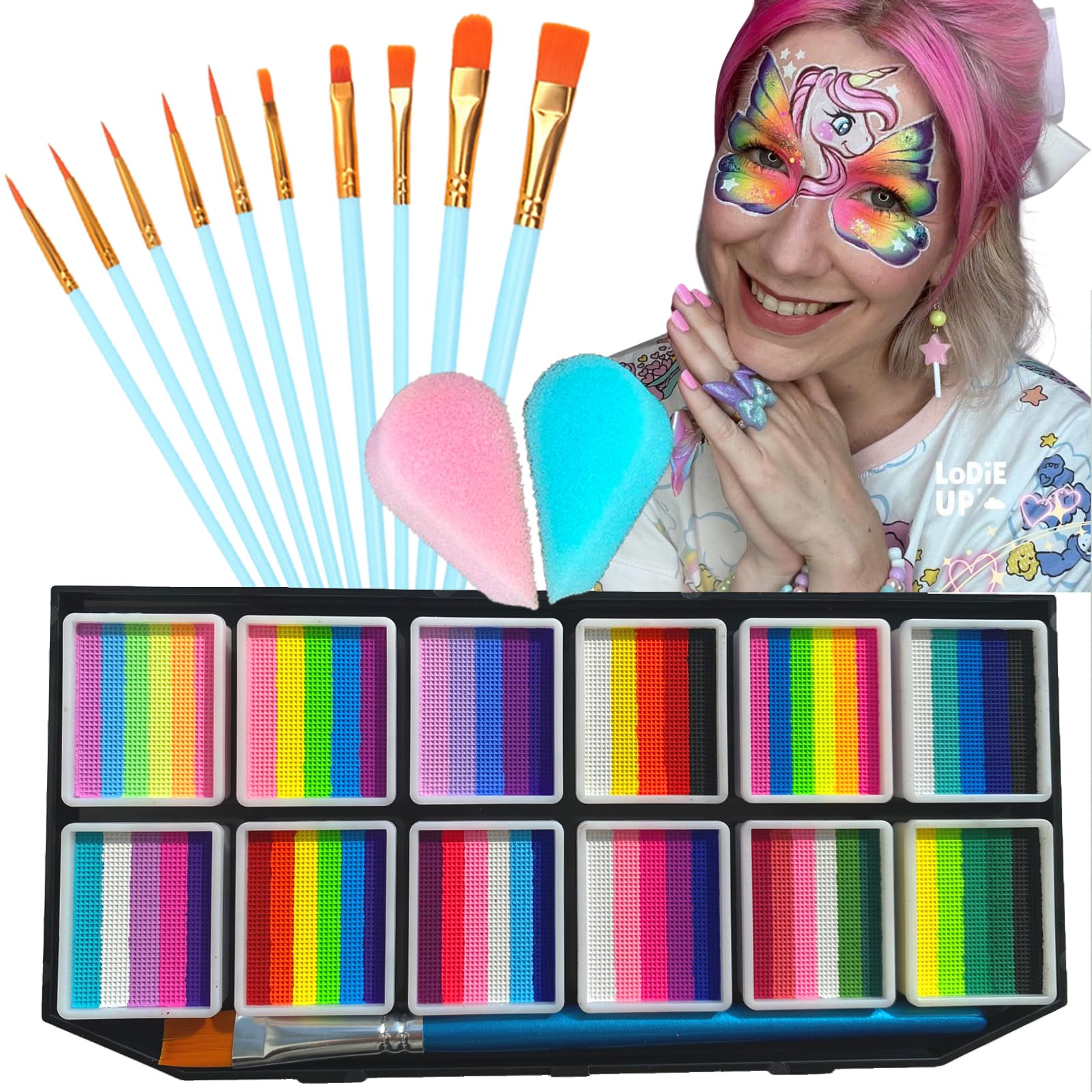 Face Painting Kit, 12 Split Cake Face Paint Palette Makeup Kit Non-Toxic Water Activated with Brush, Sponge for Party Halloween (12 Split Cakes)