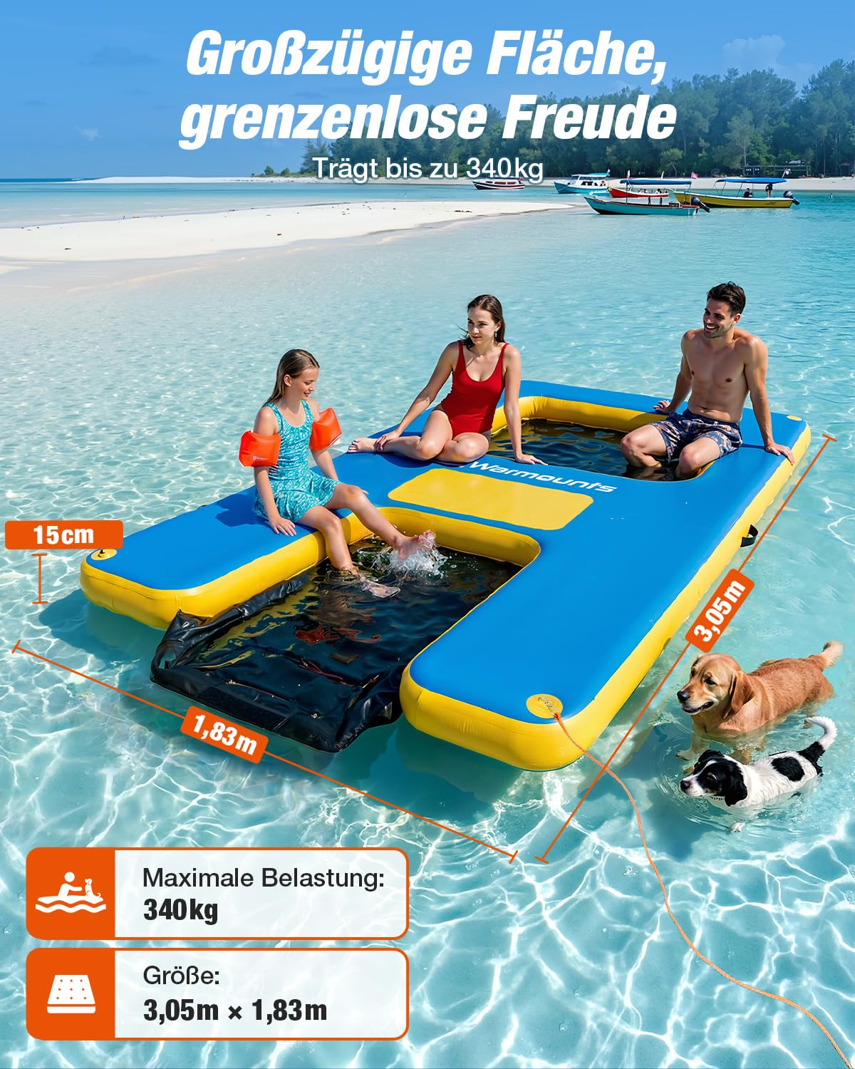 WARMOUNTS Aufblasbare Schwimminsel mit Hunderampe & Wasserhängematte, rutschfeste Schwimmplattform für See Pool Meer, Badeinsel für Erwachsene & Hunde (300x180cm, 340kg) inkl. Pumpe & Tasche