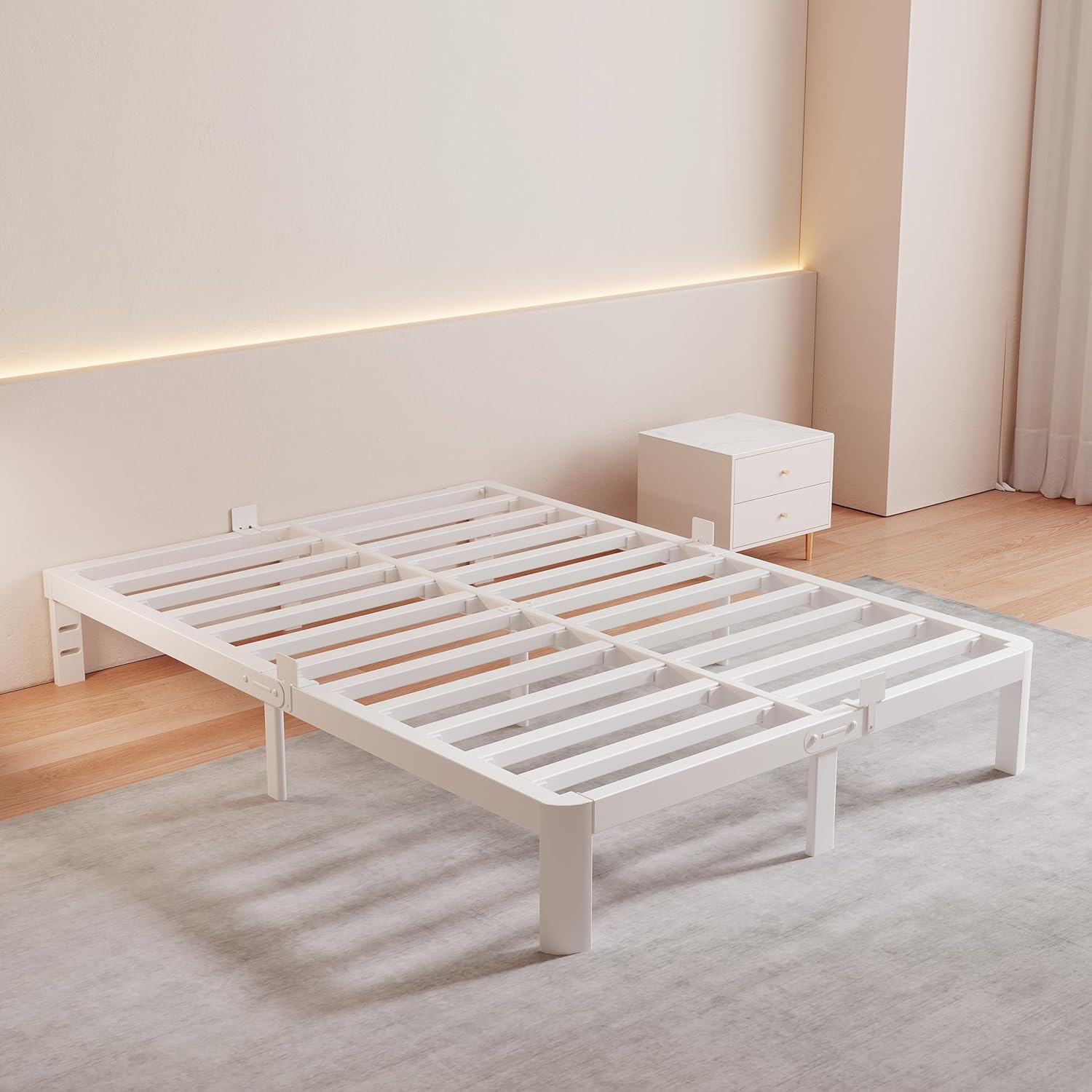 White Full Bed Frame 10 Inch, Low Full Size Bed Frame No Box Spring Needed with Mattress Stoppers, DIY Headboard, Heavy Duty Steel Support 3000 LBS, Rounded Legs, Easy Assembly, Noiseless Full 10 Inch