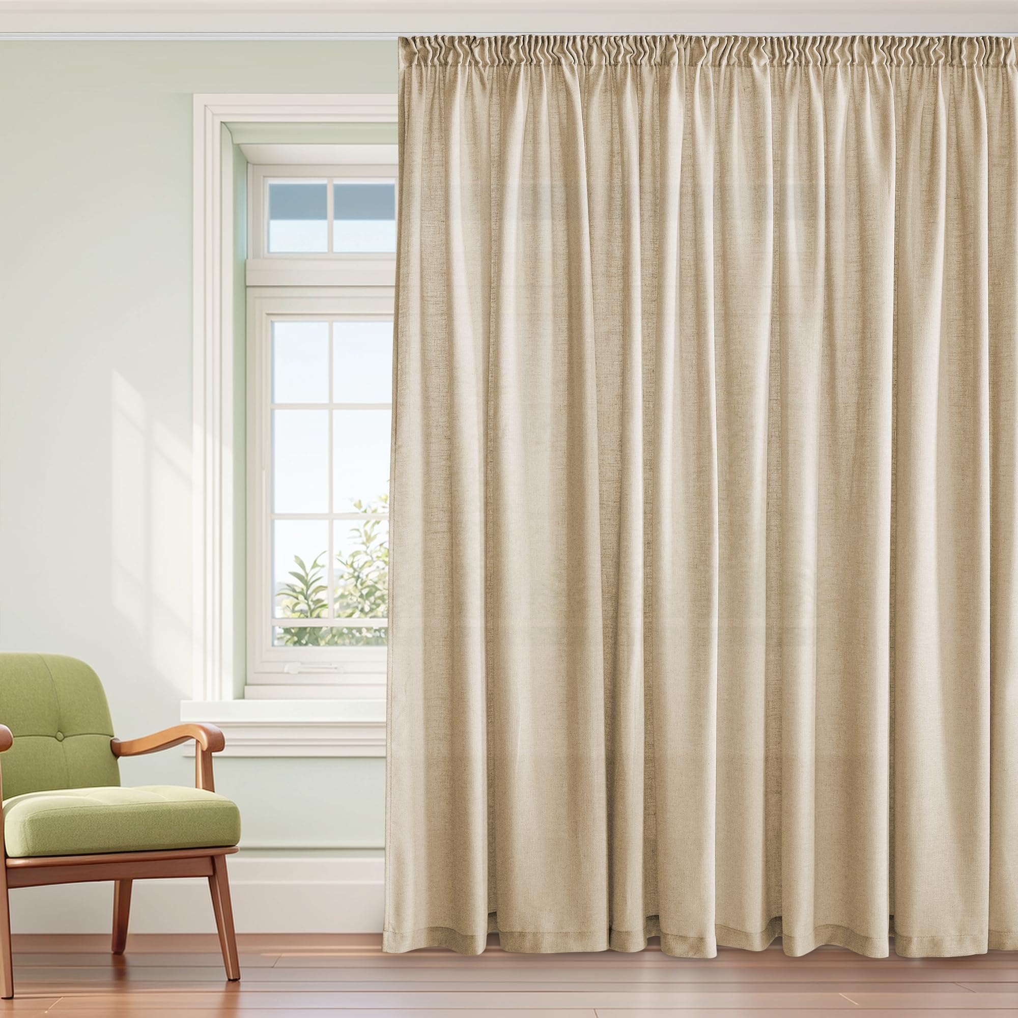 PONY DANCE Raumteiler Vorhang für Schienensystem Wohnzimmer Gardinen Leinen Boho 1er-Set H 245 x B 300 cm Khaki, Leinenvorhang Halbtransparent Extra Breite Vorhänge mit Kräuselband