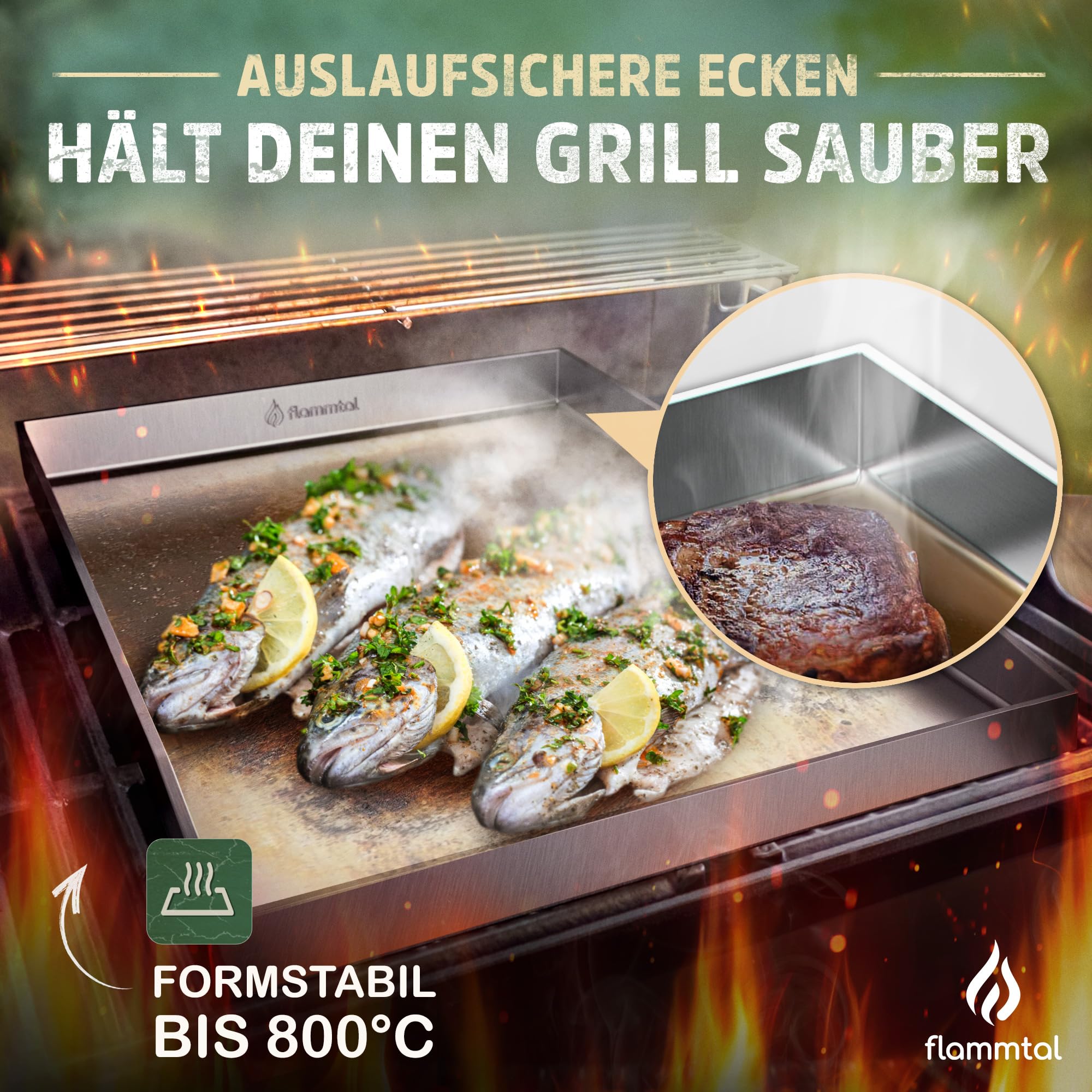 flammtal - Grillplatte aus 4mm rostfreiem Edelstahl [40 x 30cm] - Plancha mit Grillspachtel Set & Burgerpapier - passend für Gas- & Kohlegrill - auslaufsichere Ecken für sauberes Grillen