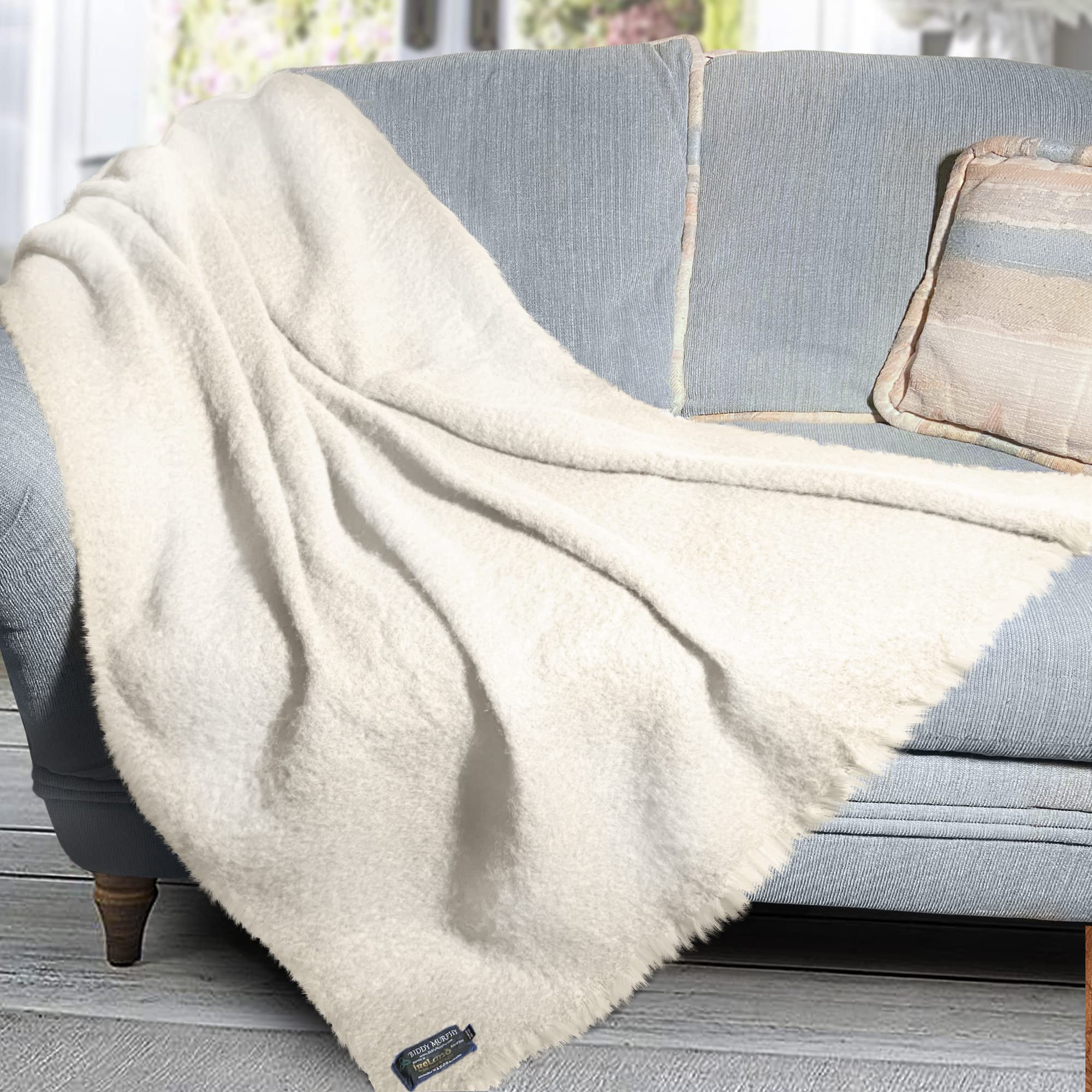 Biddy Murphy Ultra Soft Irish Mohair & Wool Throw Blanket, Made in Ireland, 54"x72", White